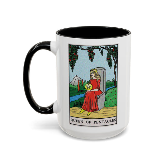 Queen of Pentacles Tarot Card Coffee Mug - Double Sided Black Accent White Ceramic 15oz by TheGlassyLass.com