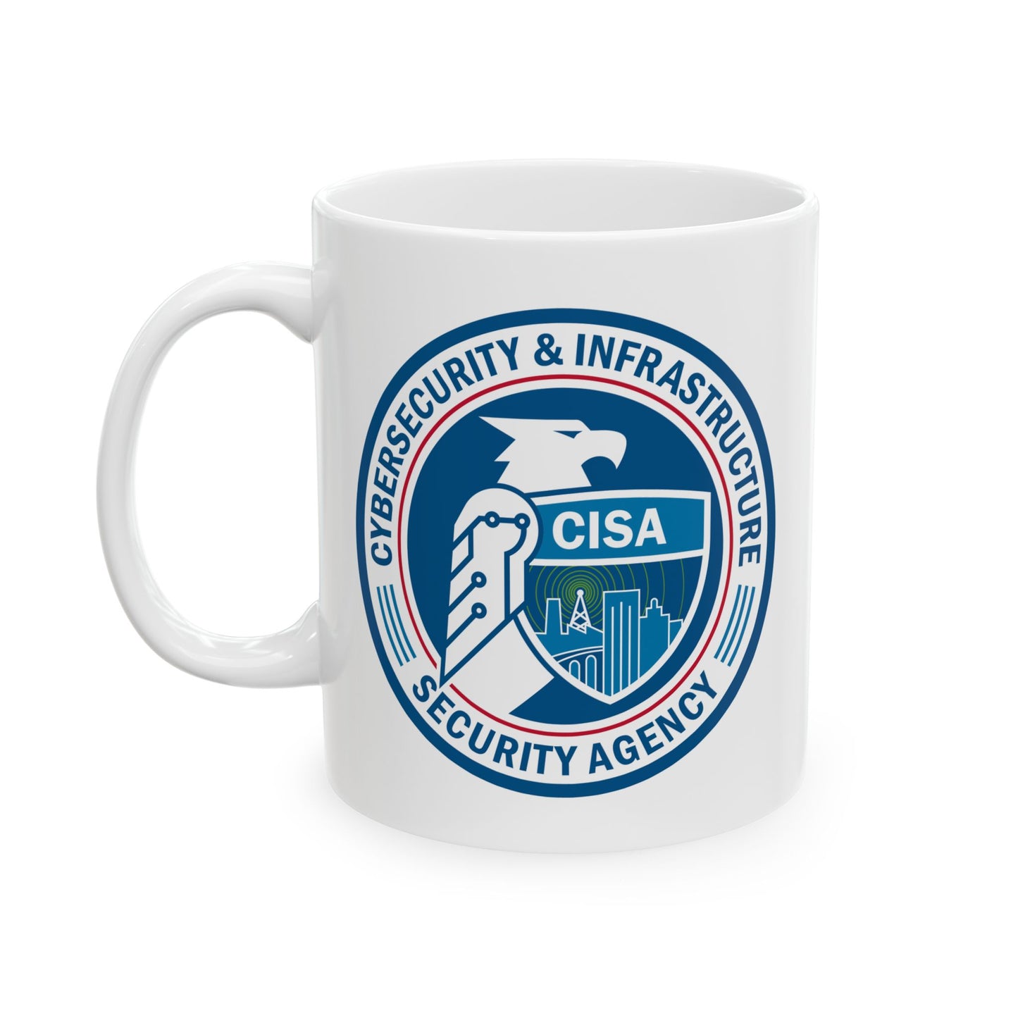 Cybersecurity and Infrastructure Security Agency Seal Coffee Mug - Double Sided Print, White Ceramic, 11oz by TheGlassyLass.com
