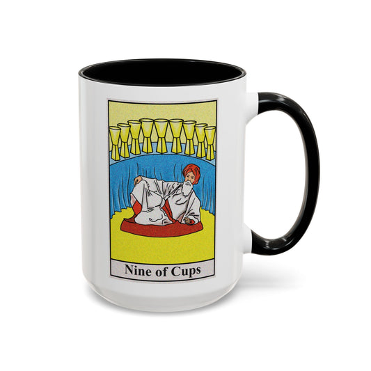 Nine of Cups Tarot Card Coffee Mug - Double Sided Black Accent White Ceramic 15oz by TheGlassyLass.com