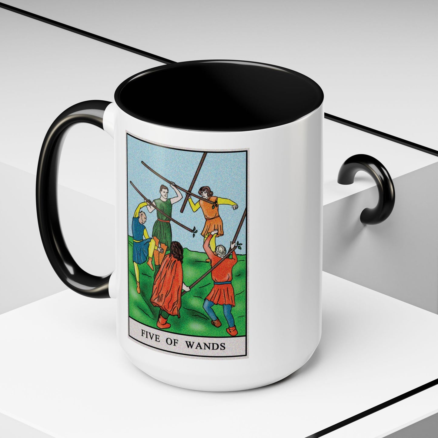 Five of Wands Tarot Card Coffee Mug - Double Sided Black Accent White Ceramic 15oz by TheGlassyLass.com