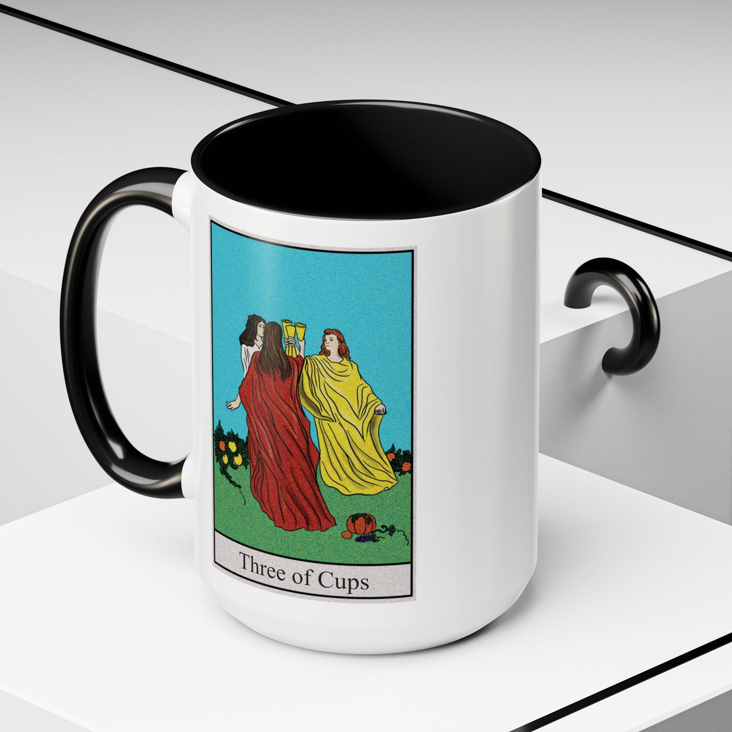 Three of Cups Tarot Card Coffee Mug - Double Sided Black Accent White Ceramic 15oz by TheGlassyLass