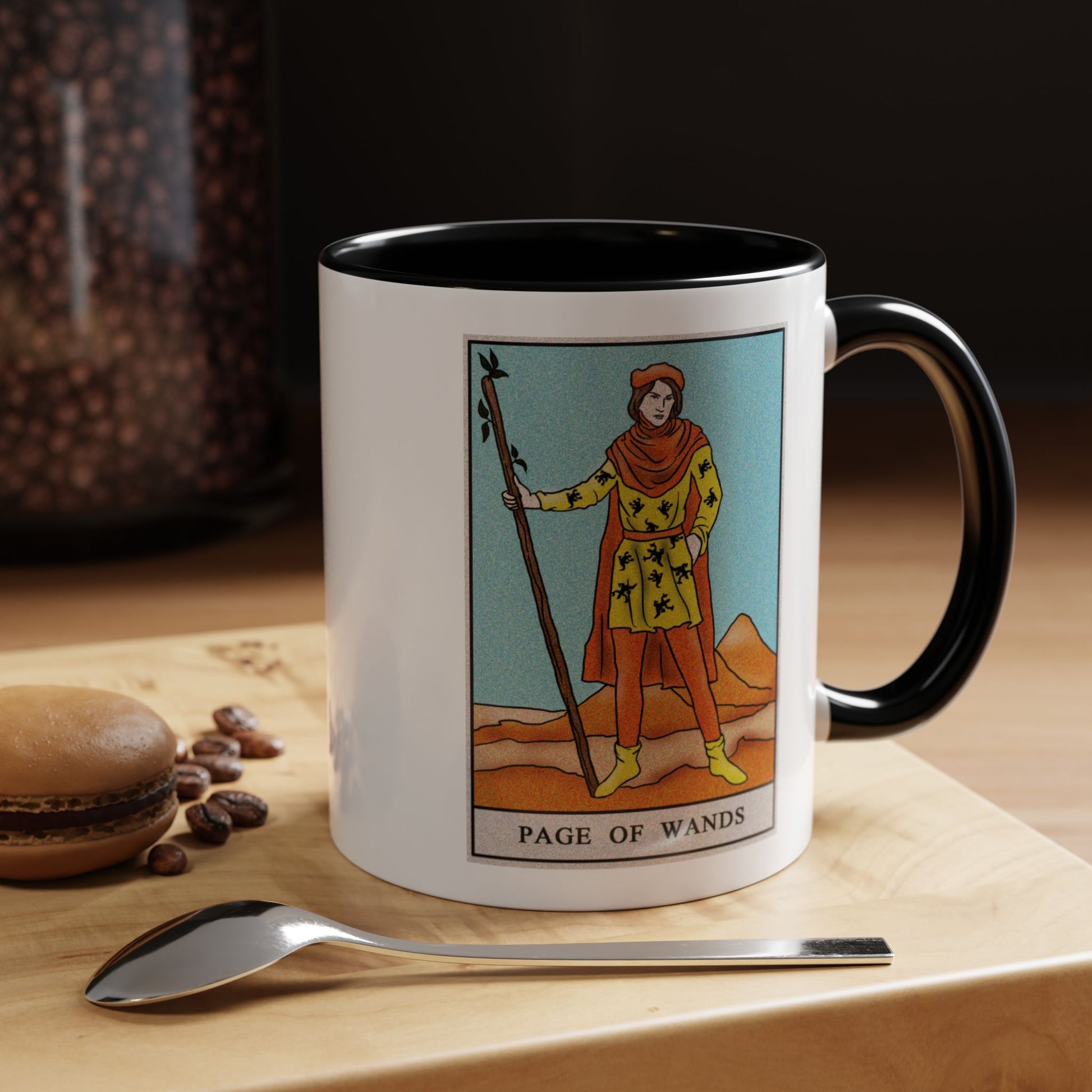 Page of Wands Tarot Card Coffee Mug - Double Sided Print, Black Accent White Ceramic, 11oz by TheGlassyLass.com