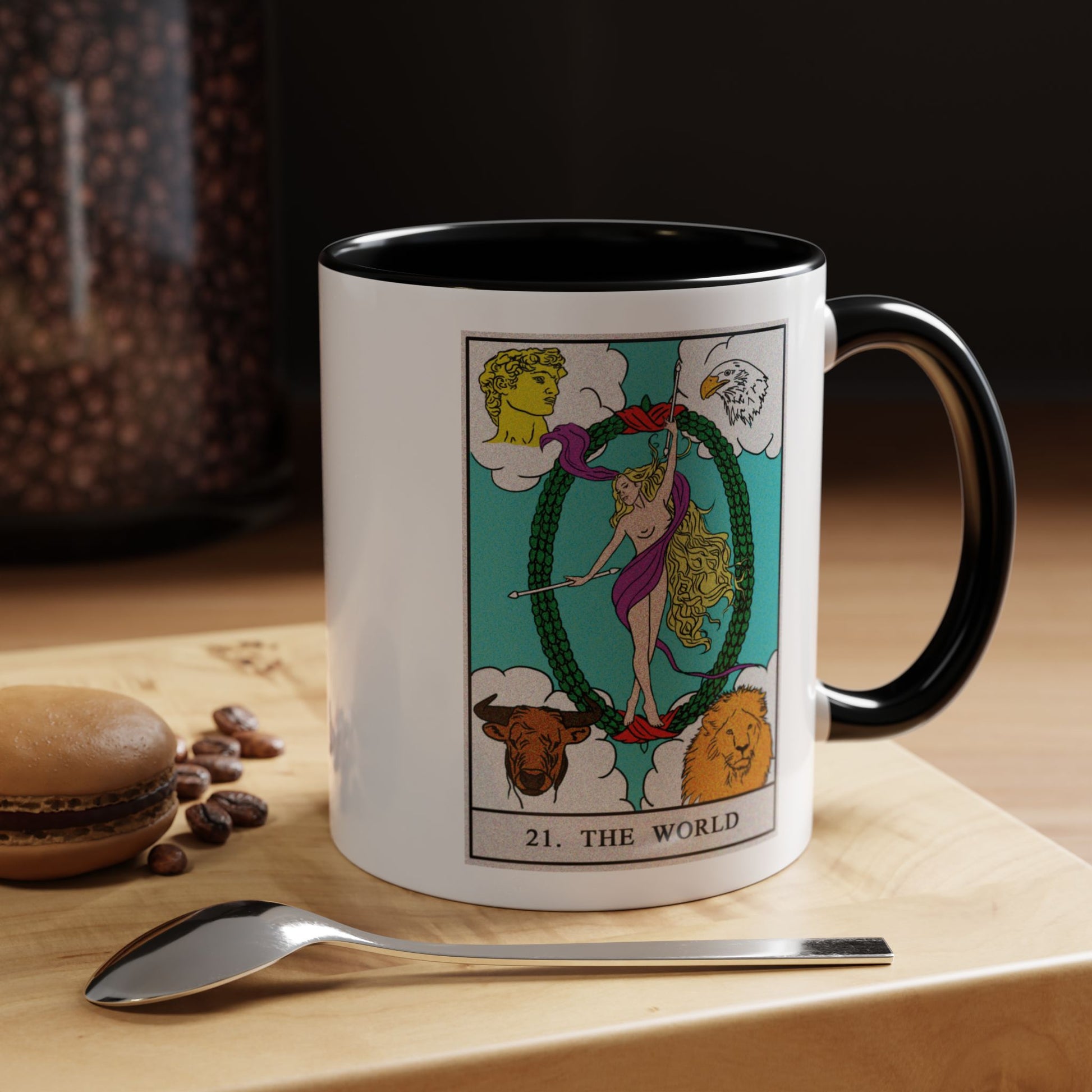 The World Tarot Card Coffee Mug - Double Sided Print, Black Accent White Ceramic, 11oz by TheGlassyLass.com