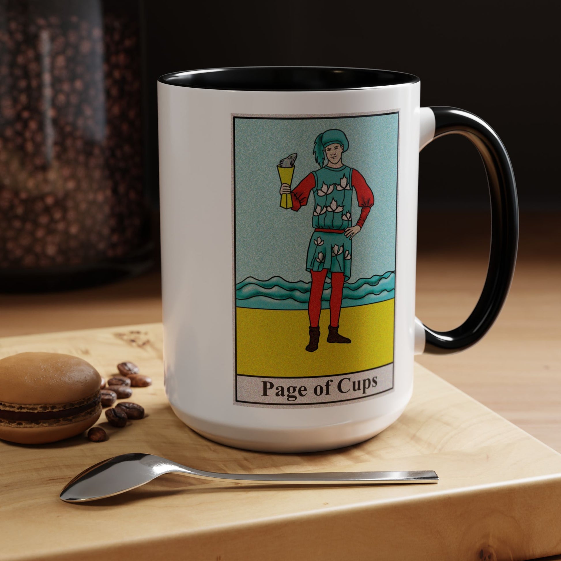 Page of Cups Tarot Card Coffee Mug - Double Sided Black Accent White Ceramic 15oz by TheGlassyLass.com