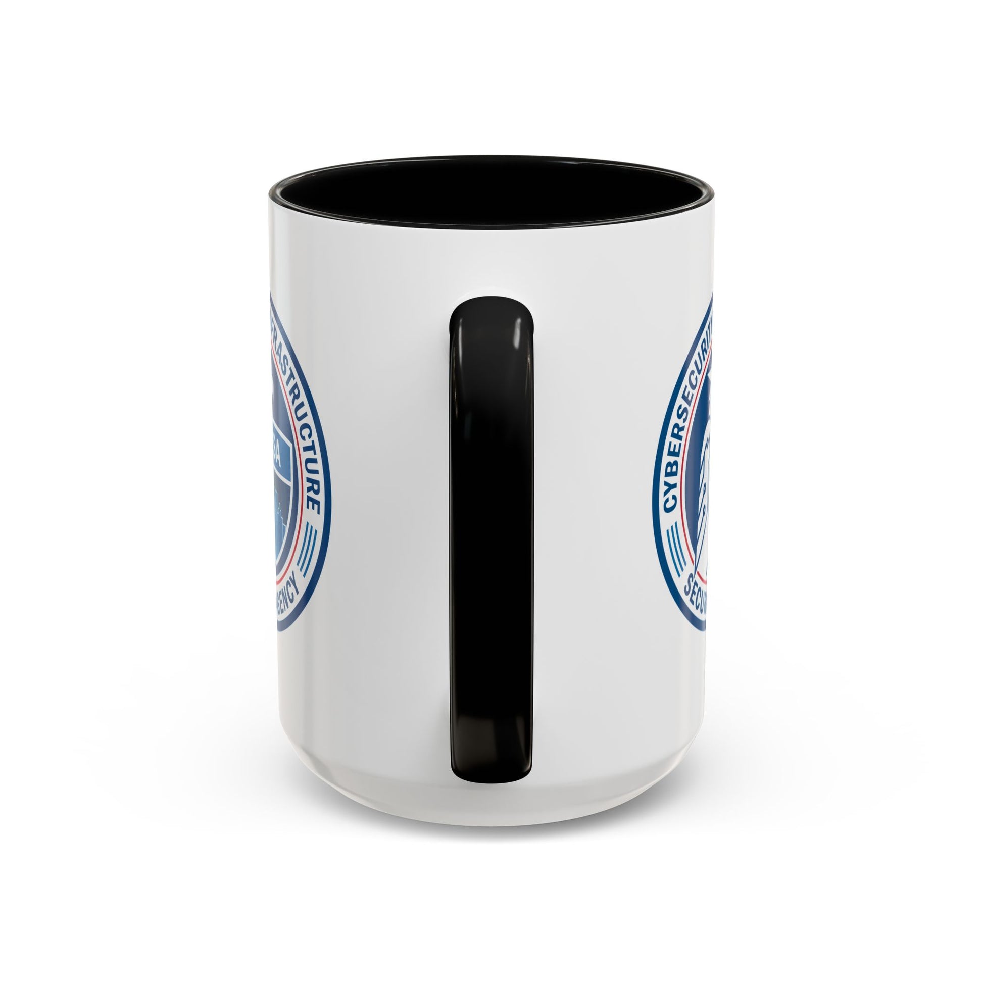 Cybersecurity and Infrastructure Security Agency Seal Coffee Mug - Double Sided Print, Black Accent White Ceramic, 15oz by TheGlassyLass.com