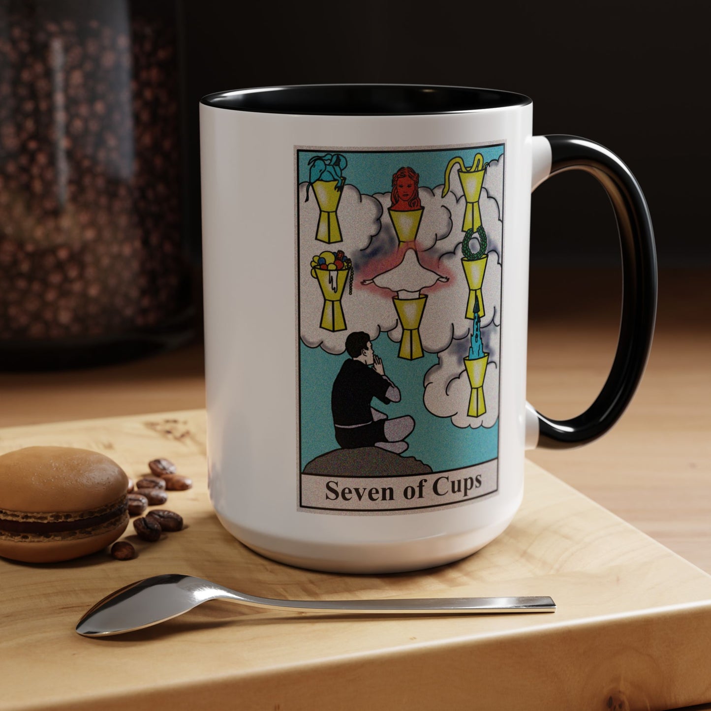 Seven of Cups Tarot Card Coffee Mug - Double Sided Black Accent White Ceramic 15oz by TheGlassyLass.com