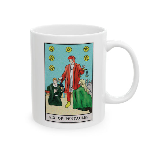 Six of Pentacles Tarot Card Coffee Mug - Double Sided Print, White Ceramic, 11oz by TheGlassyLass.com