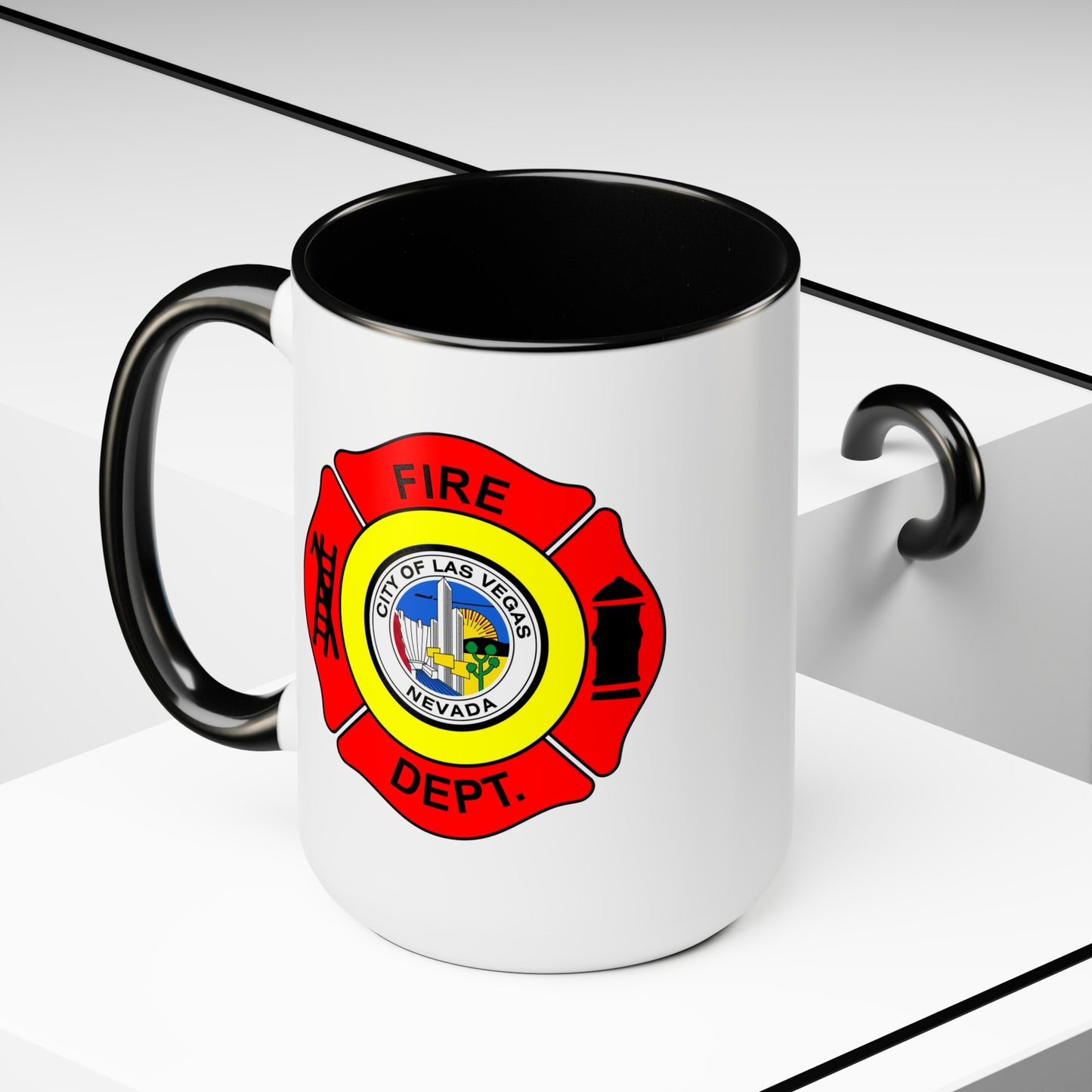 Las Vegas Fire Department Coffee Mug - Double Sided Black Accent Two Tone White Ceramic 15oz by TheGlassyLass.com