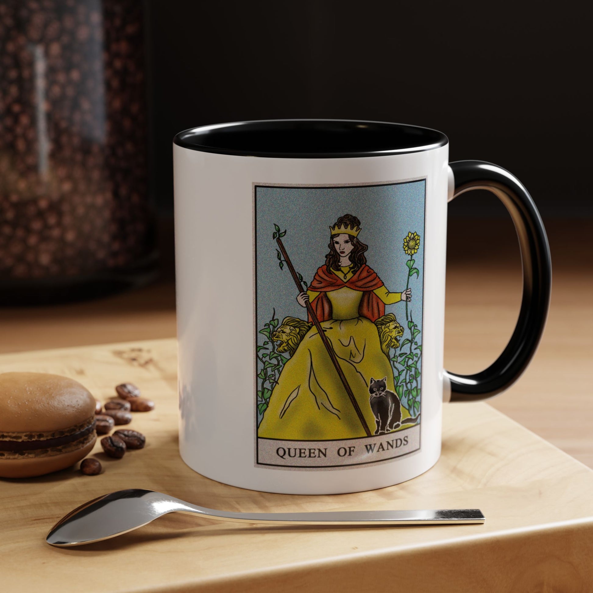 Queen of Wands Tarot Card Coffee Mug - Double Sided Print, Black Accent White Ceramic, 11oz by TheGlassyLass.com
