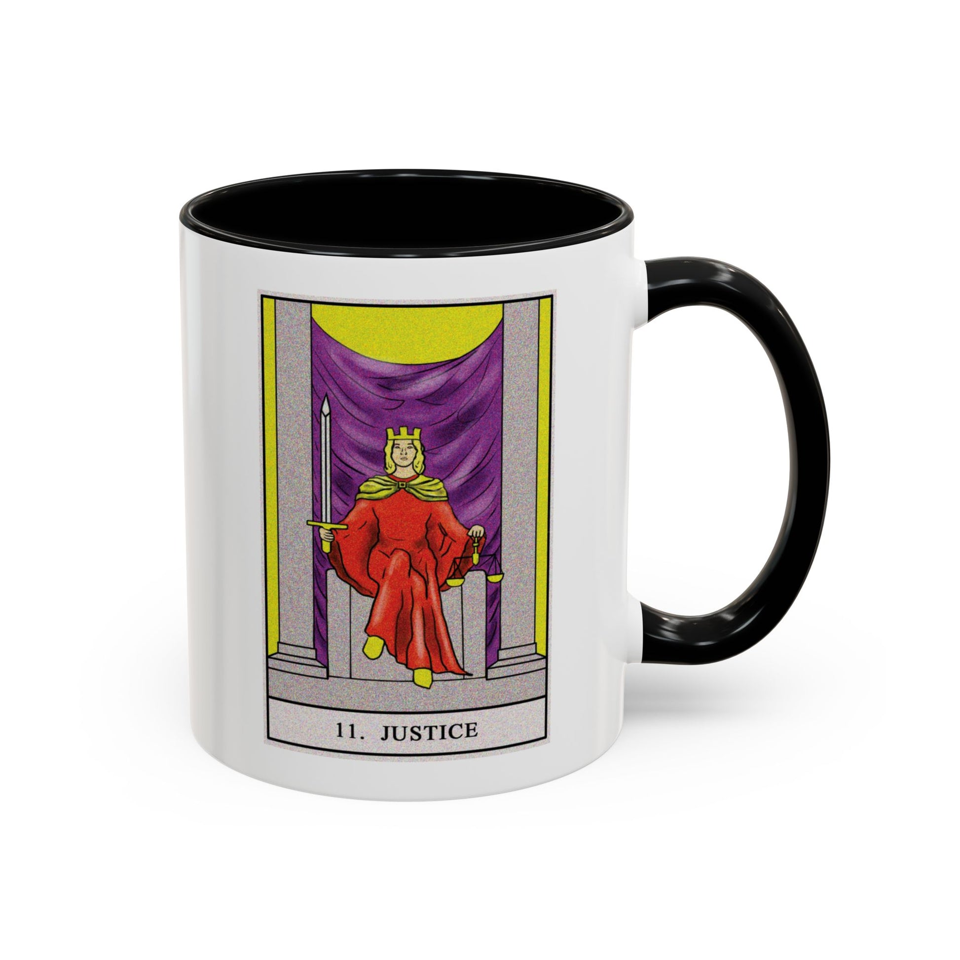 Justice Tarot Card Coffee Mug - Double Sided Print, Black Accent White Ceramic, 11oz by TheGlassyLass.com