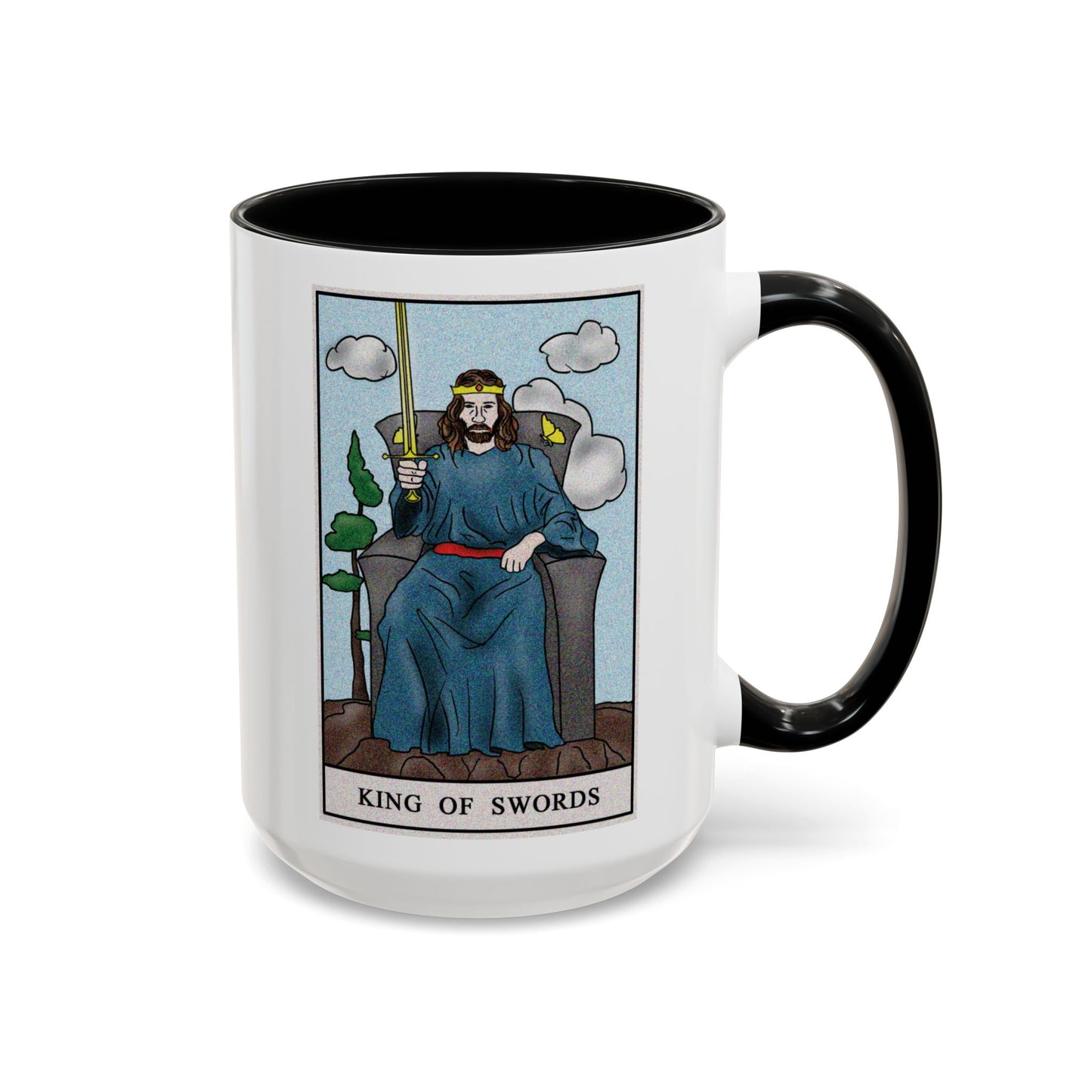 King of Swords Tarot Card Coffee Mug - Double Sided Black Accent White Ceramic 15oz by TheGlassyLass.com