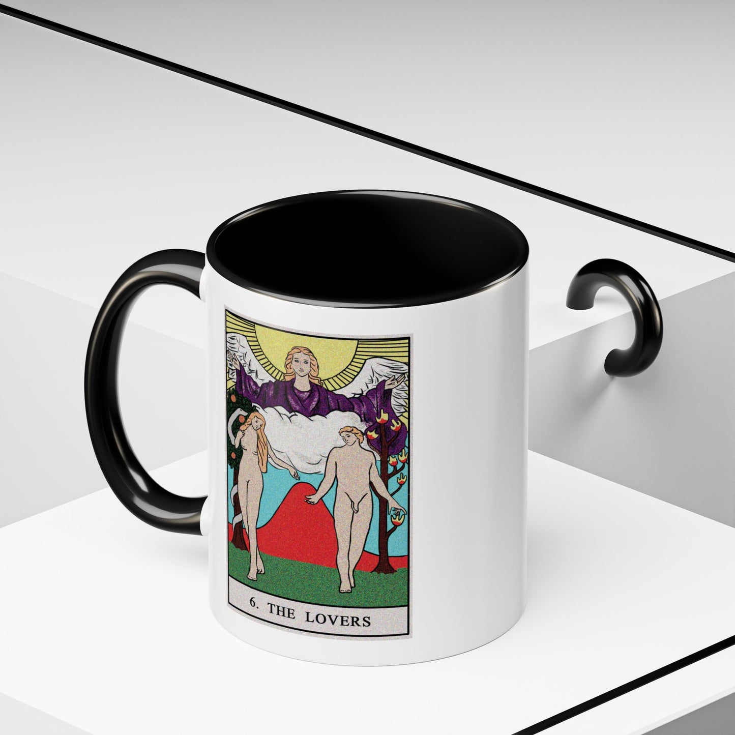 The Lovers Tarot Card Coffee Mug - Double Sided Print, Black Accent White Ceramic, 11oz by TheGlassyLass.com