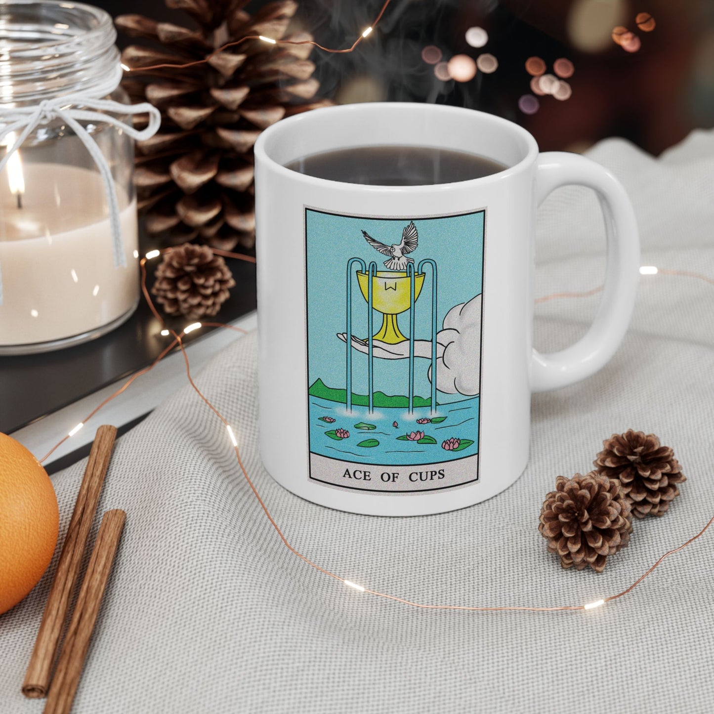 Ace of Cups Tarot Card Coffee Mug - Double Sided Print, White Ceramic, 11oz by TheGlassyLass