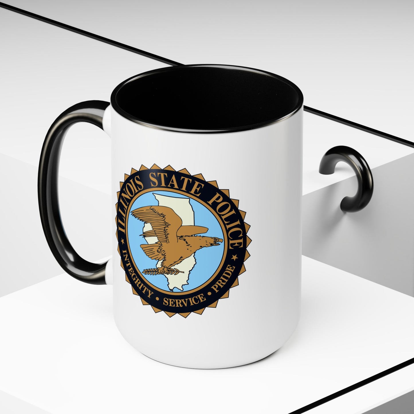Illinois State Police Coffee Mug - Double Sided Black Accent White Ceramic 15oz by TheGlassyLass.com