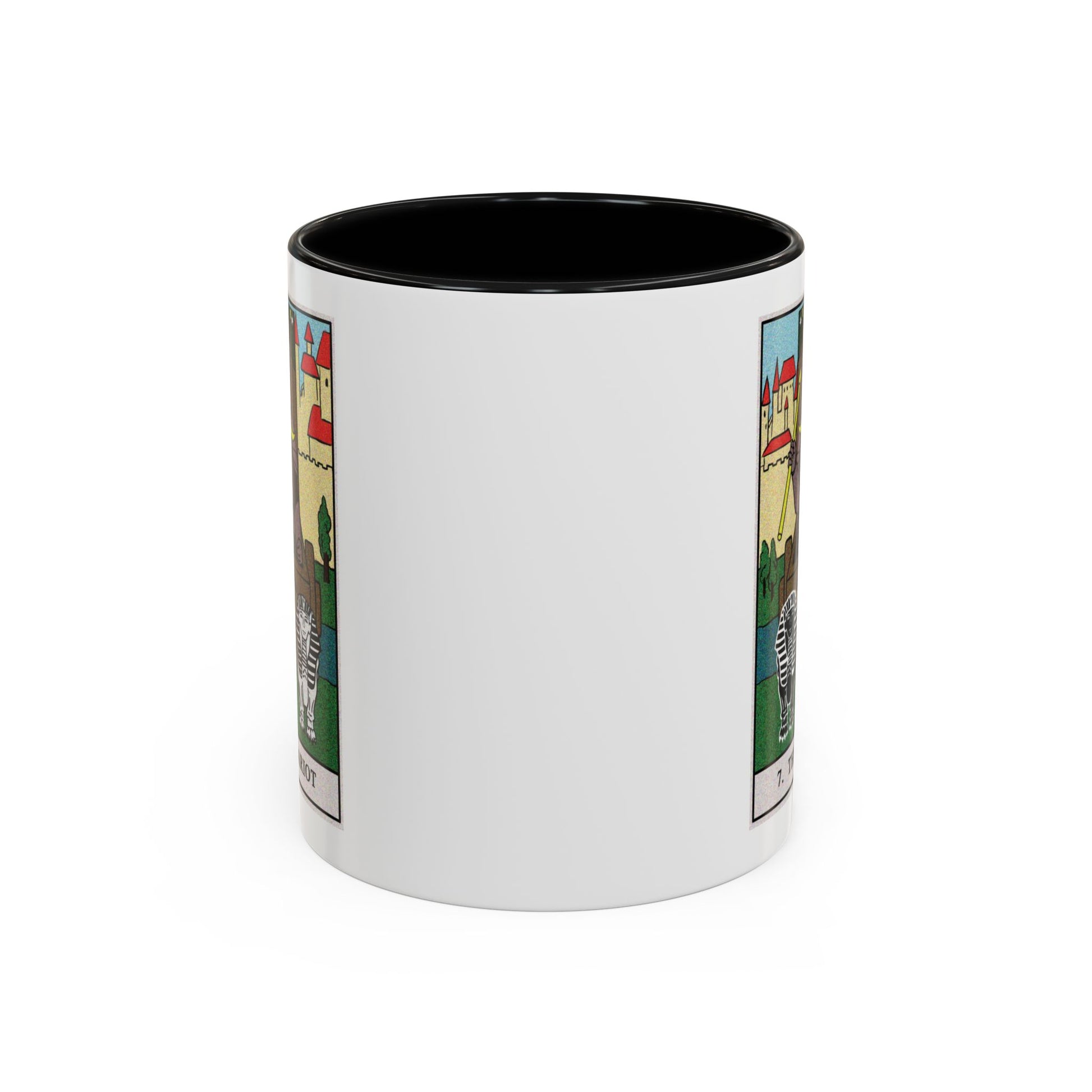 The Chariot Tarot Card Coffee Mug - Double Sided Print, Black Accent White Ceramic, 11oz by TheGlassyLass.com