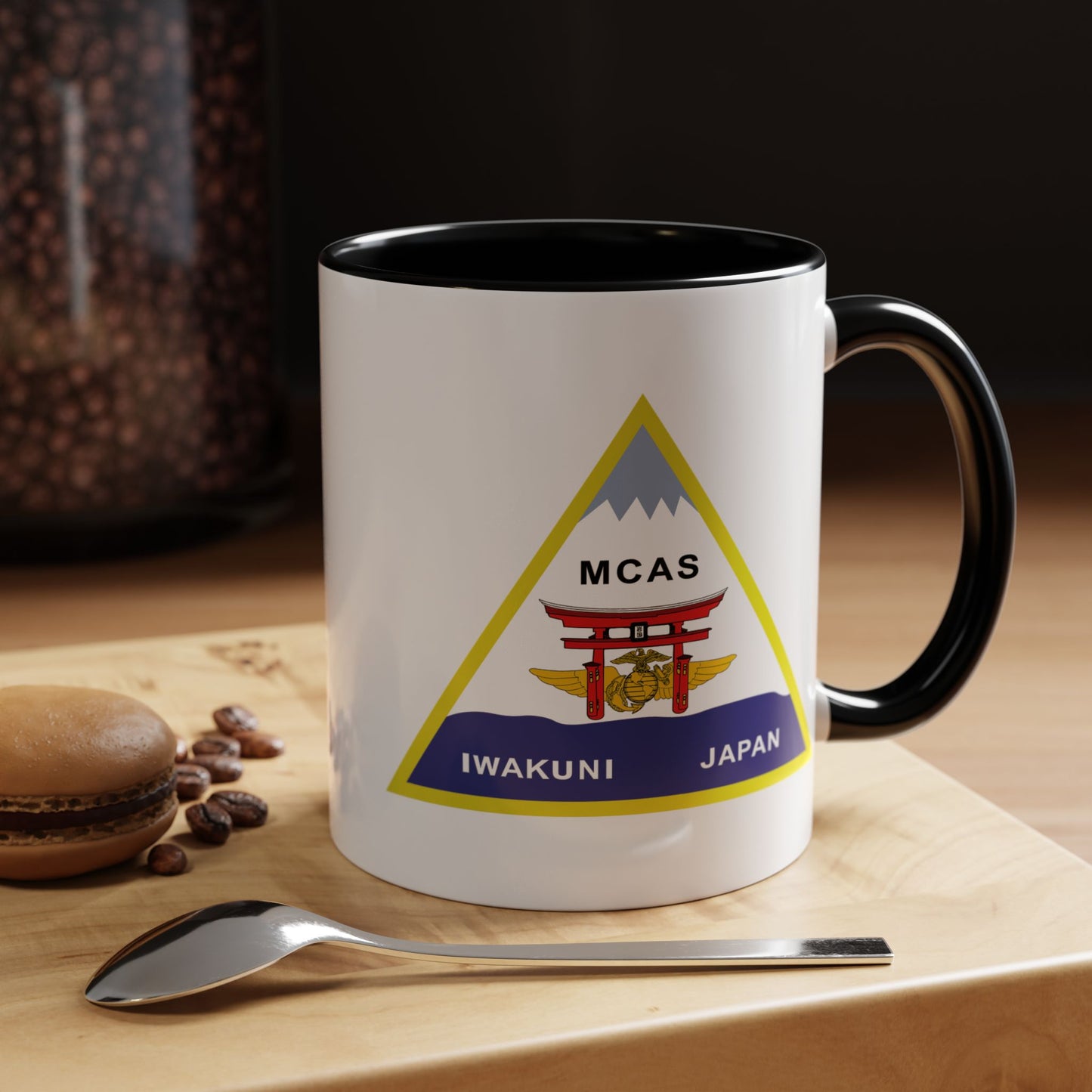 Marine Corps Air Station Iwakuni Japan Coffee Mug - Double Sided Black Accent White Ceramic 11oz by TheGlassyLass.com