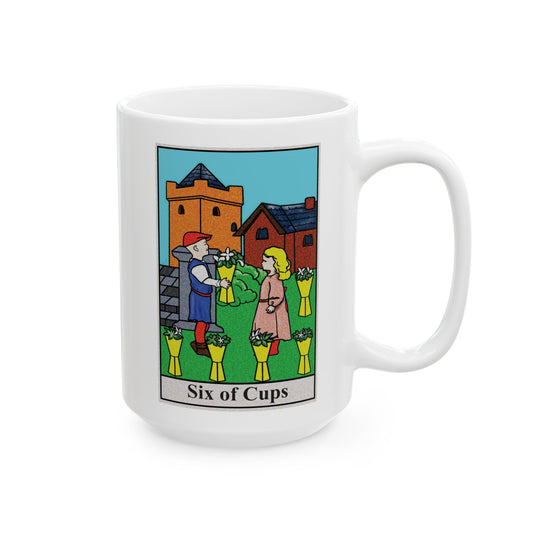 Six of Cups Tarot Card Coffee Mug - Double Sided White Ceramic 15oz by TheGlassyLass.com
