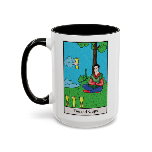 Four of Cups Tarot Card Coffee Mug - Double Sided Black Accent White Ceramic 15oz by TheGlassyLass.com