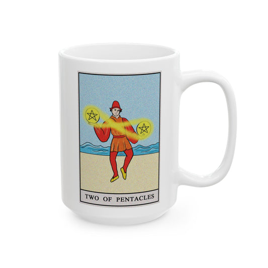 Two of Pentacles Tarot Card Coffee Mug - Double Sided White Ceramic 15oz by TheGlassyLass.com
