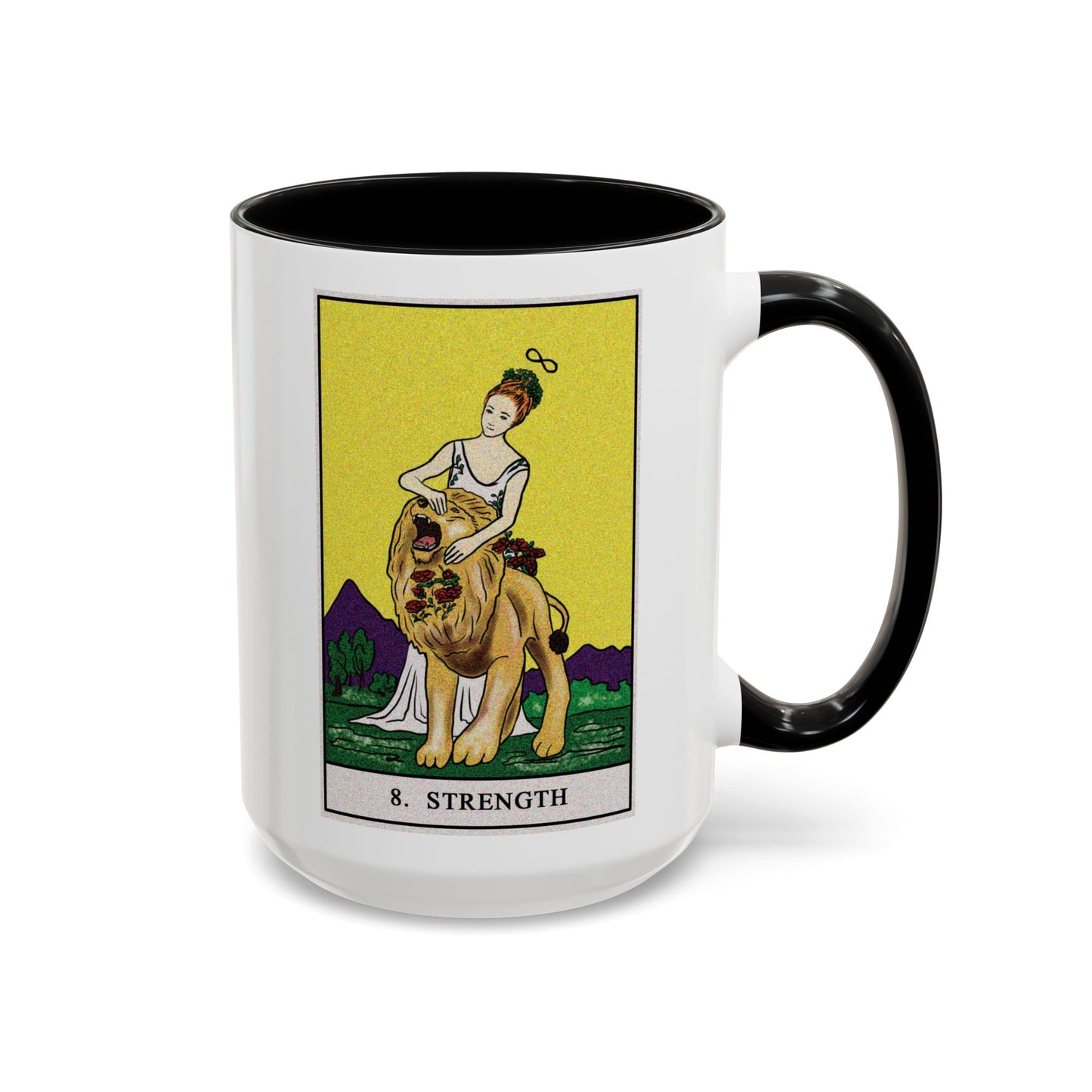 Strength Tarot Card Coffee Mug - Double Sided Black Accent White Ceramic 15oz by TheGlassyLass.com