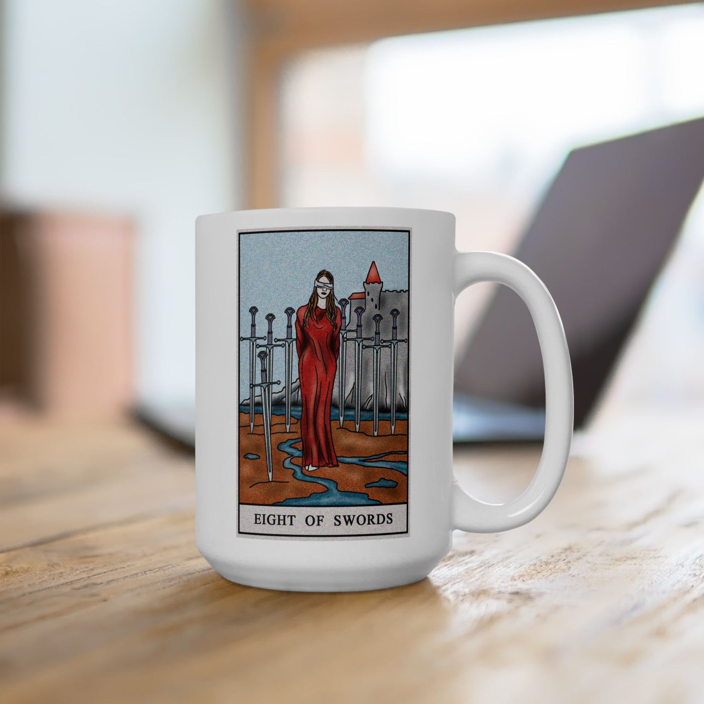 Eight of Swords Tarot Card Coffee Mug - Double Sided White Ceramic 15oz by TheGlassyLass.com