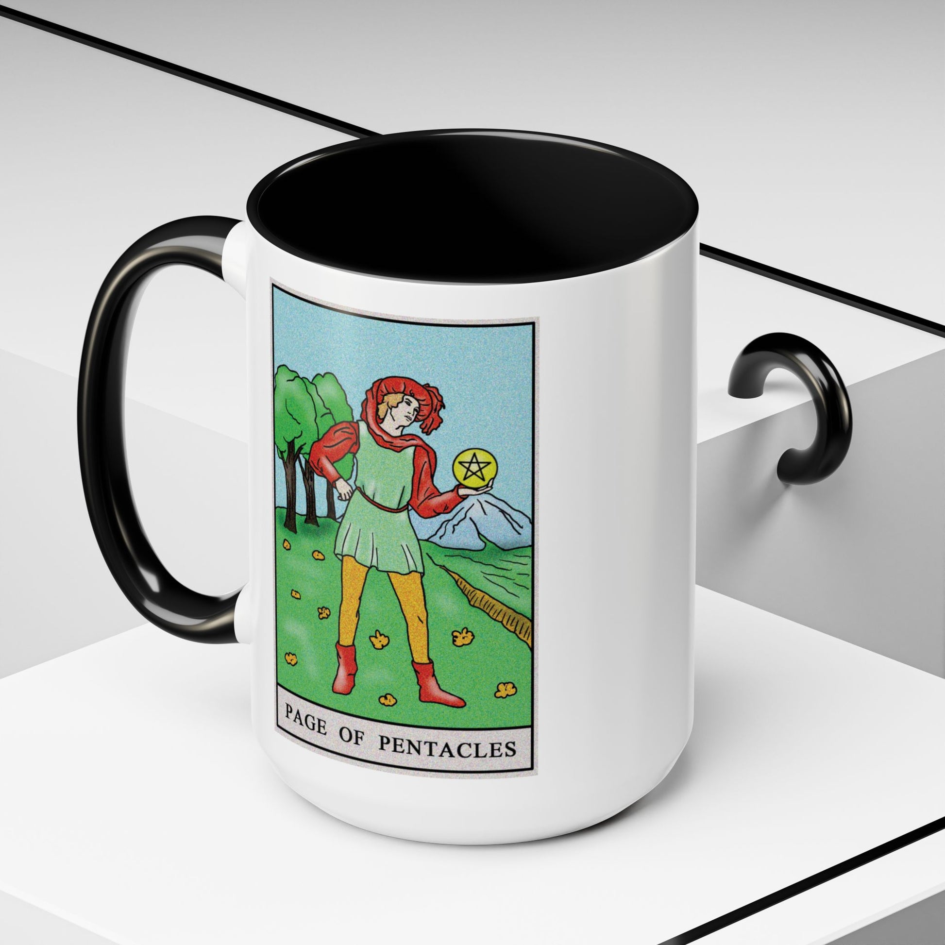 Page of Pentacles Tarot Card Coffee Mug - Double Sided Black Accent White Ceramic 15oz by TheGlassyLass.com