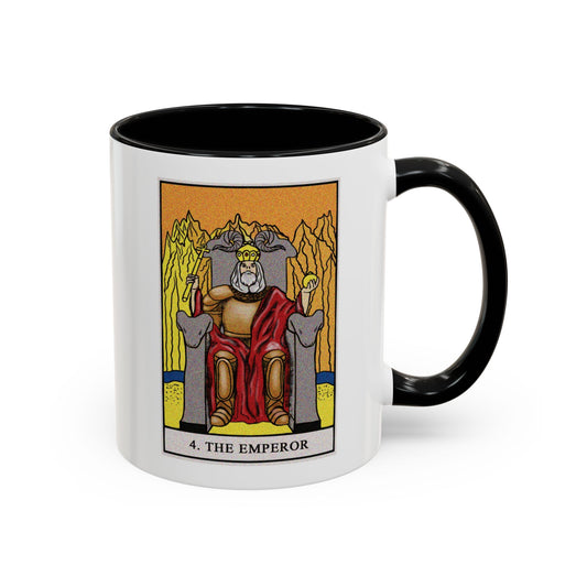 The Emperor Tarot Card Coffee Mug - Double Sided Print, Black Accent White Ceramic, 11oz by TheGlassyLass.com