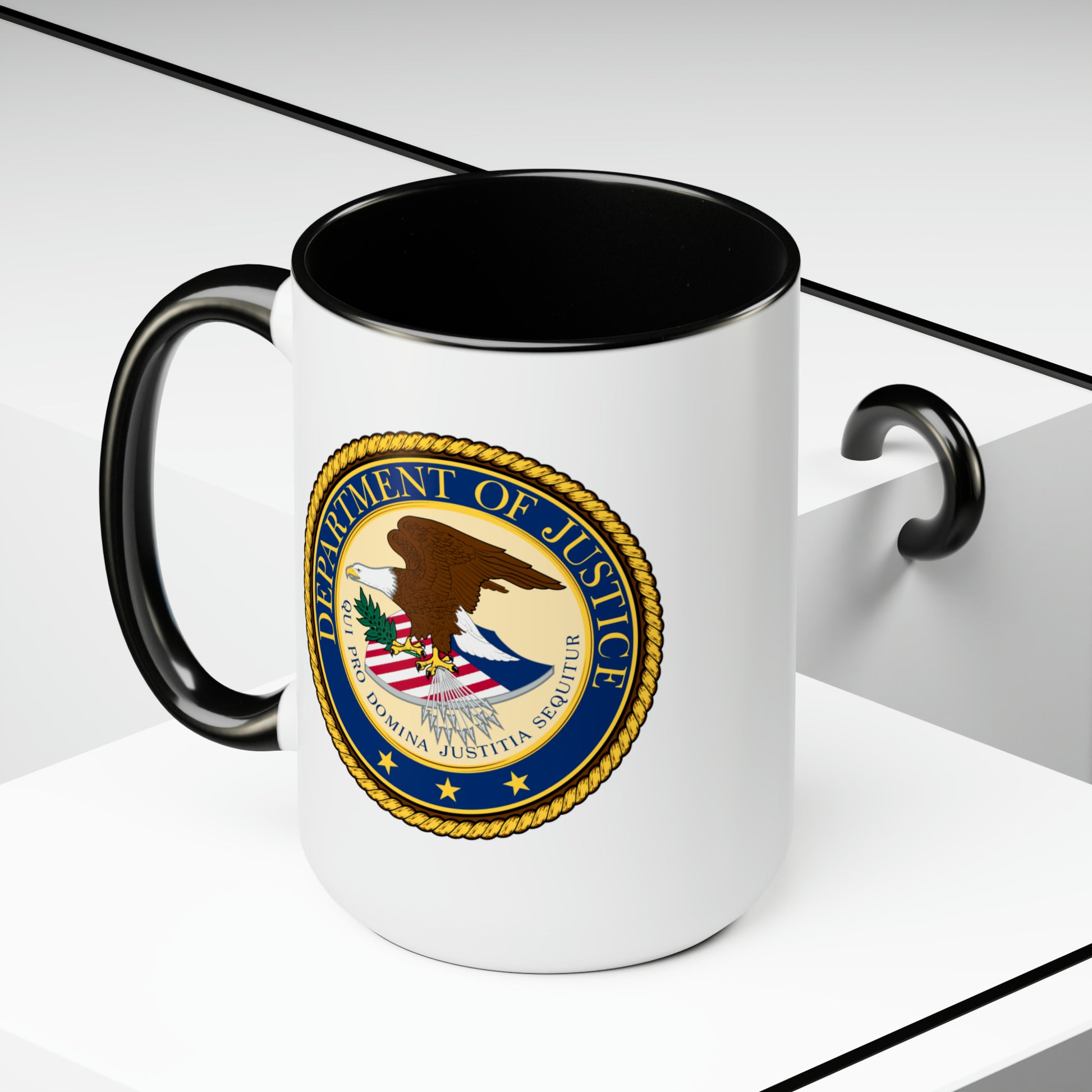 Department of Justice Coffee Mug - Double Sided Black Accent White Ceramic 15oz by TheGlassyLass