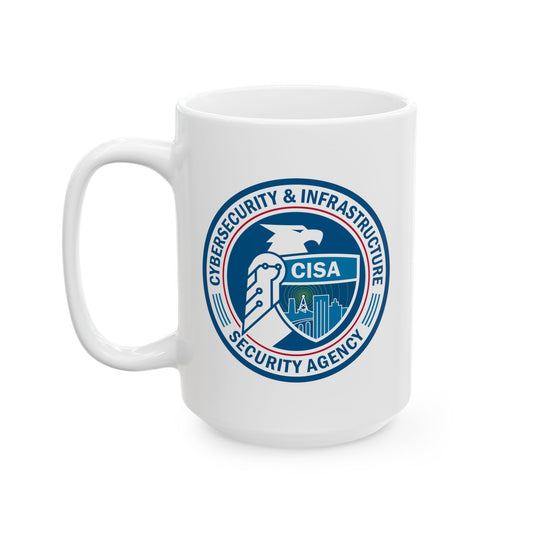 Cybersecurity and Infrastructure Security Agency Seal Coffee Mug - Double Sided Print, White Ceramic, 15oz by TheGlassyLass.com