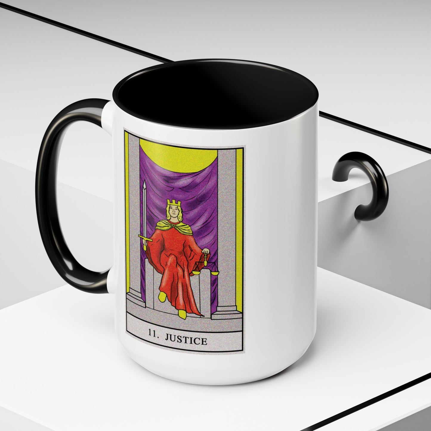 Justice Tarot Card Coffee Mug - Double Sided Black Accent White Ceramic 15oz by TheGlassyLass.com