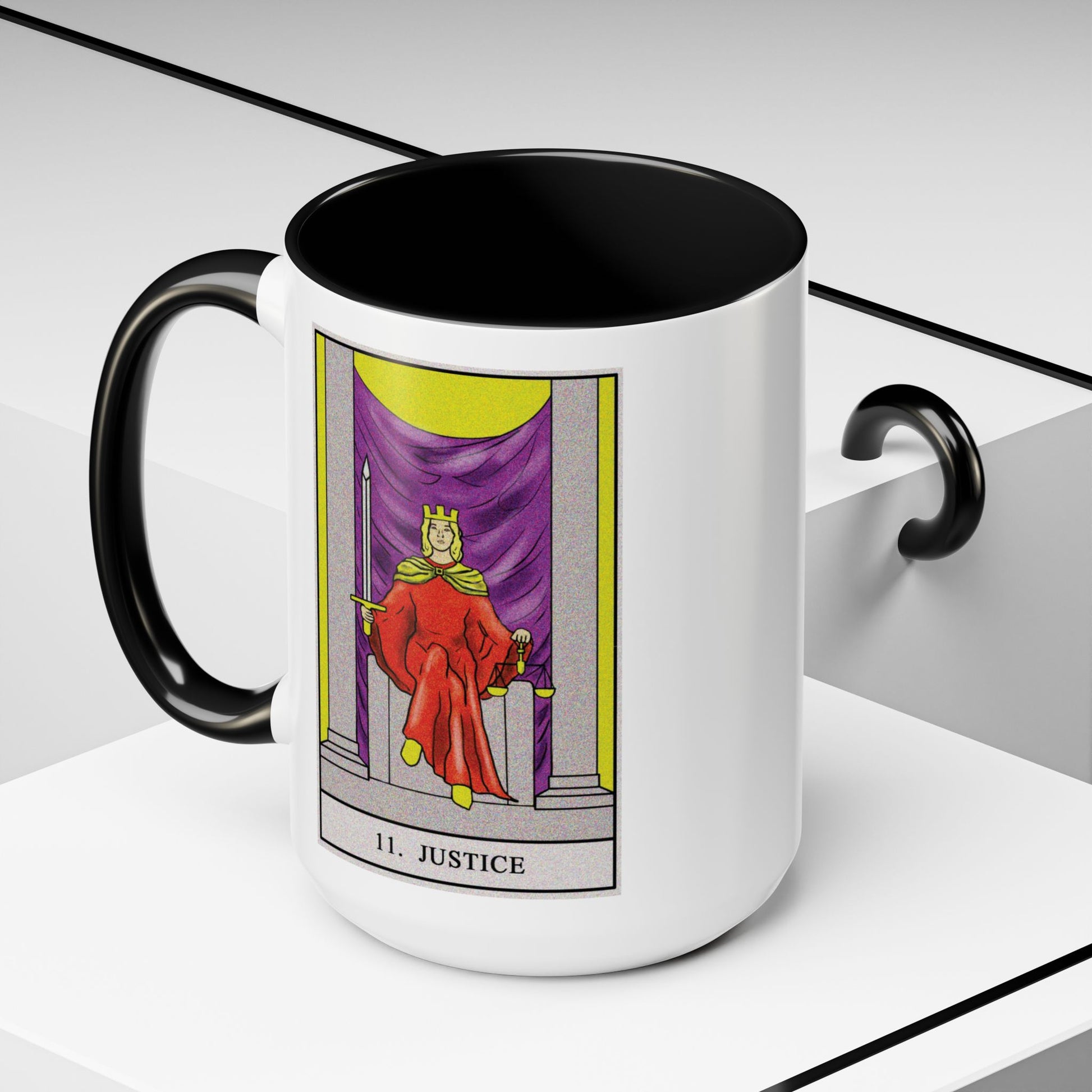 Justice Tarot Card Coffee Mug - Double Sided Black Accent White Ceramic 15oz by TheGlassyLass.com