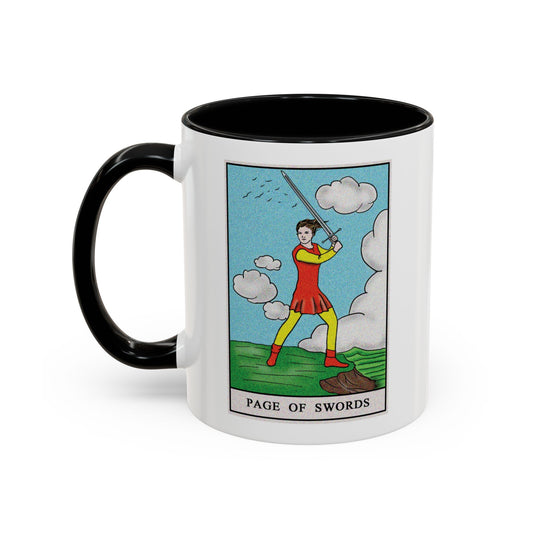 Page of Swords Tarot Card Coffee Mug - Double Sided Print, Black Accent White Ceramic, 11oz by TheGlassyLass.com