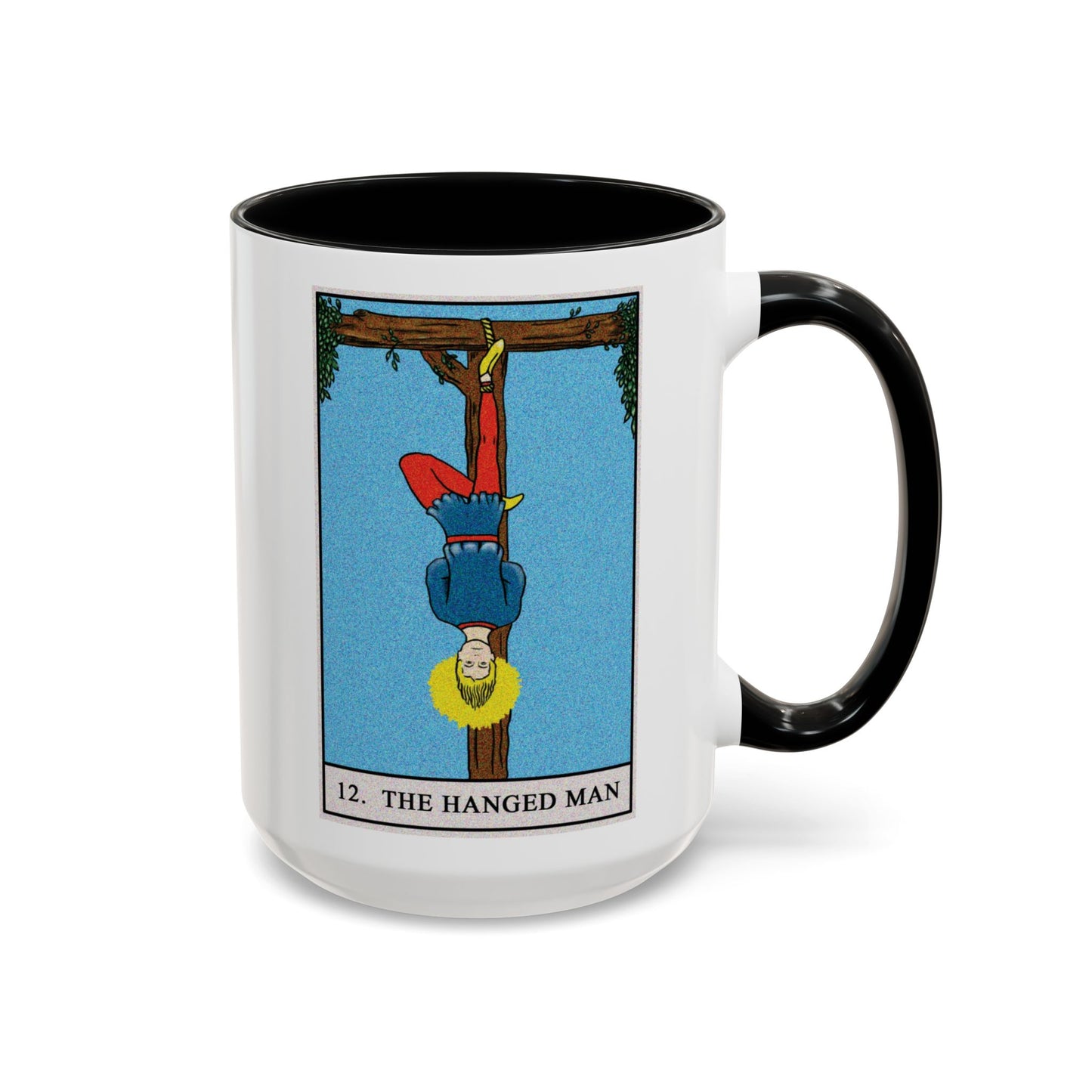 The Hanged Man Tarot Card Coffee Mug - Double Sided Black Accent White Ceramic 15oz by TheGlassyLass.com