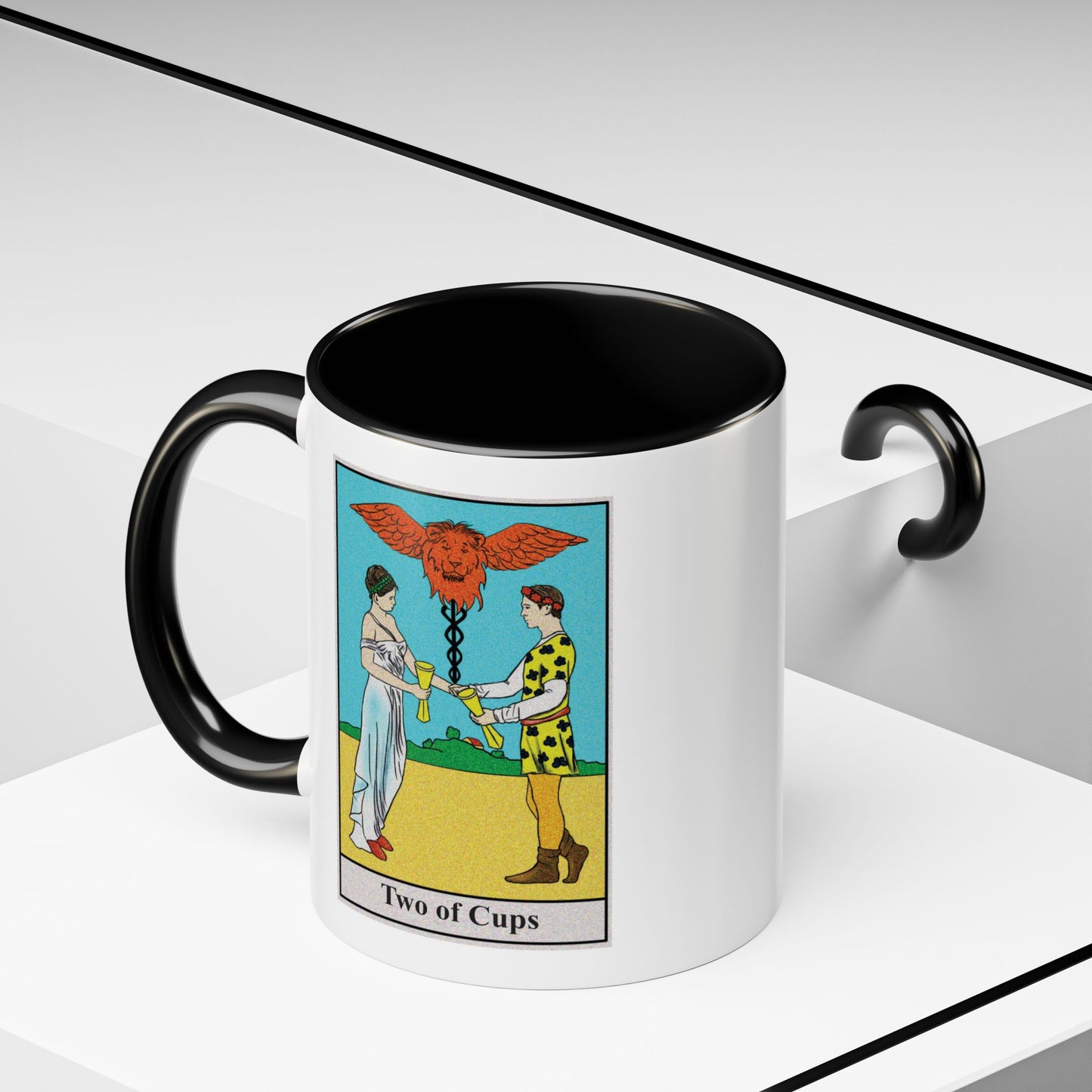 Two of Cups Tarot Card Coffee Mug - Double Sided Print, Black Accent White Ceramic, 11oz by TheGlassyLass.com