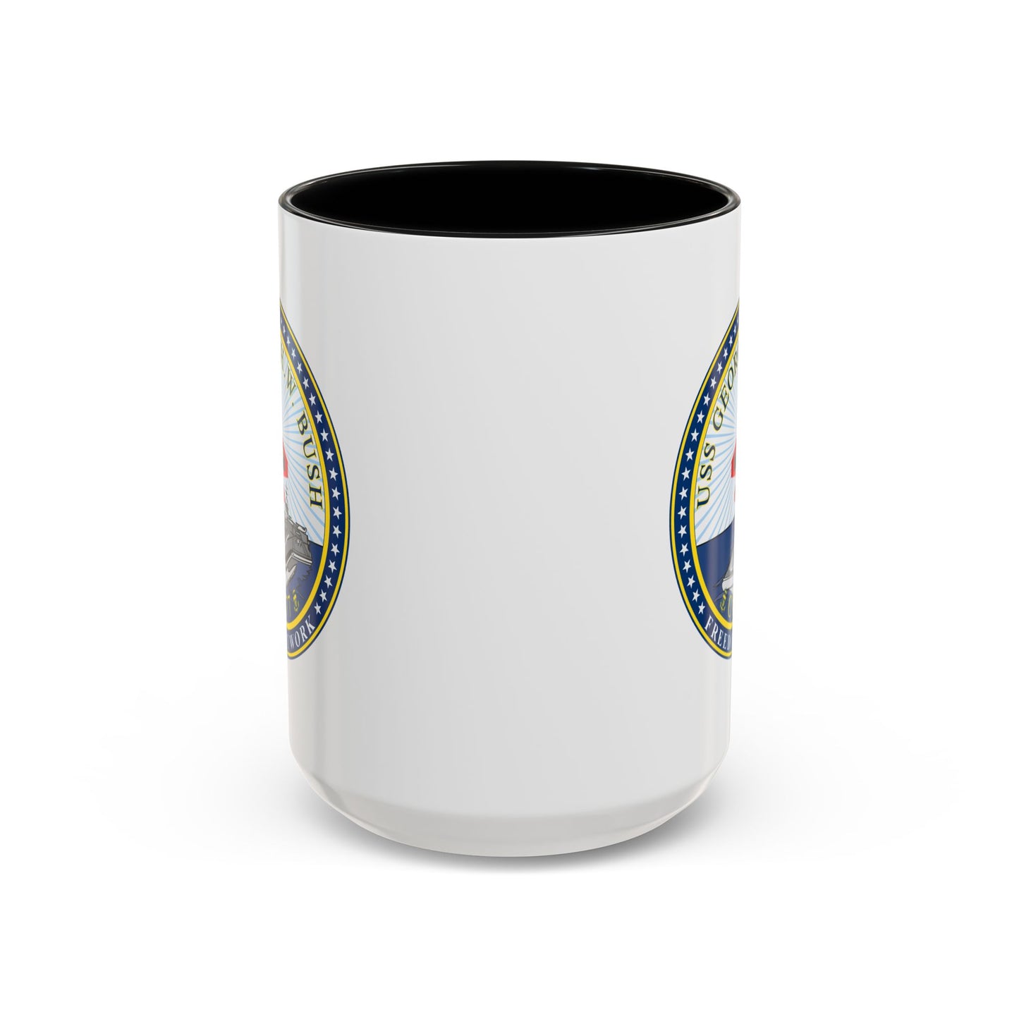 USS George H.W. Bush CVN 77 Seal Coffee Mug - Double Sided Print, Black Accent White Ceramic, 15oz by TheGlassyLass.com