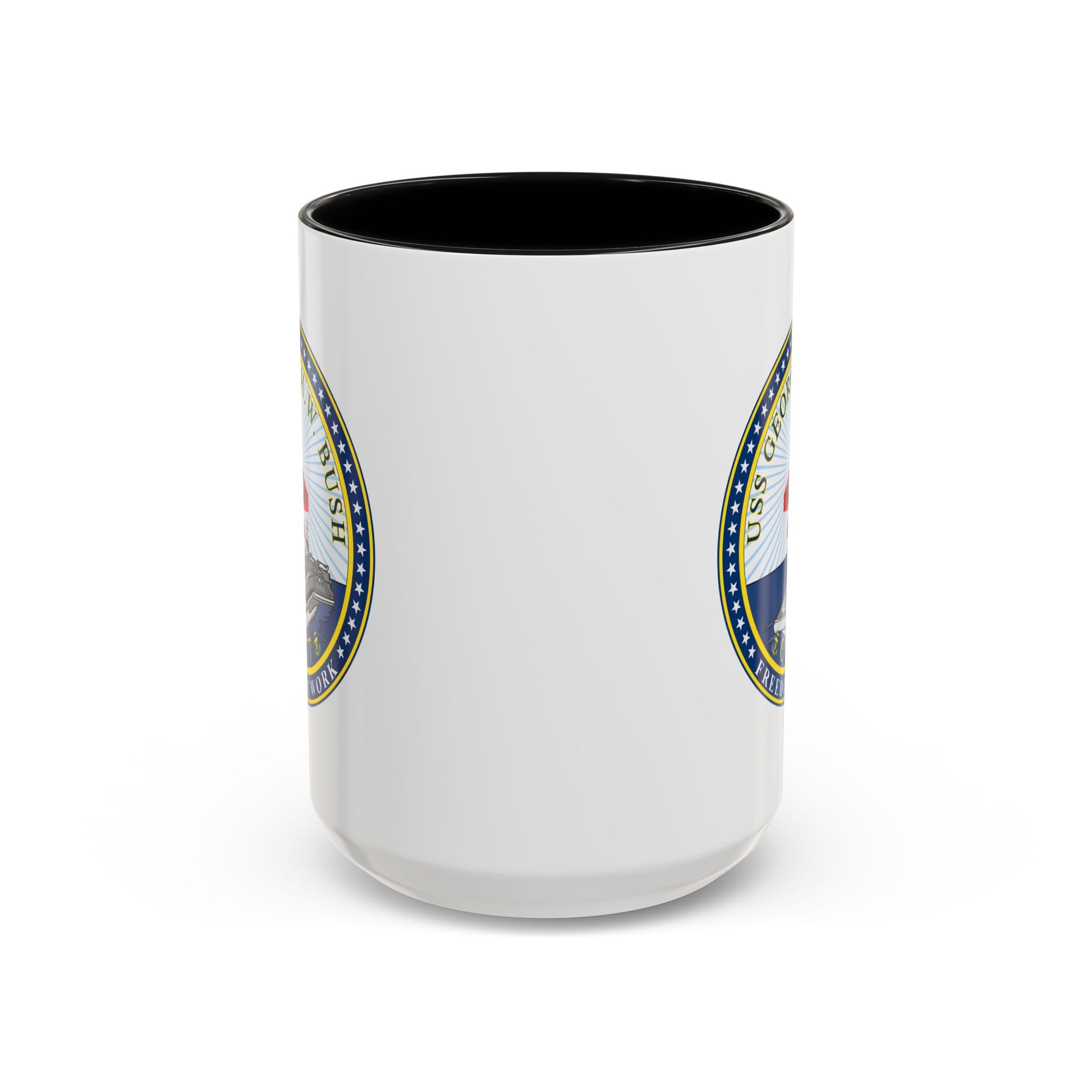 USS George H.W. Bush CVN 77 Seal Coffee Mug - Double Sided Print, Black Accent White Ceramic, 15oz by TheGlassyLass.com