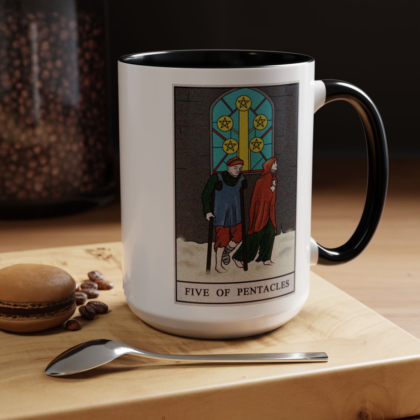 Five of Pentacles Tarot Card Coffee Mug - Double Sided Black Accent White Ceramic 15oz by TheGlassyLass.com