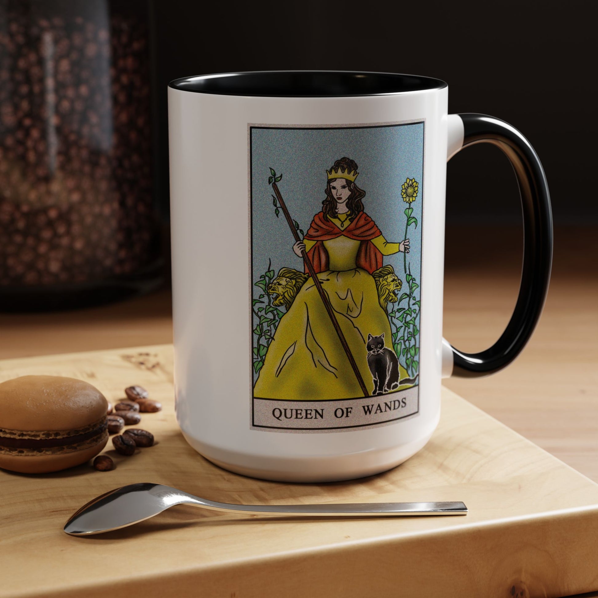 Queen of Wands Tarot Card Coffee Mug - Double Sided Black Accent White Ceramic 15oz by TheGlassyLass.com