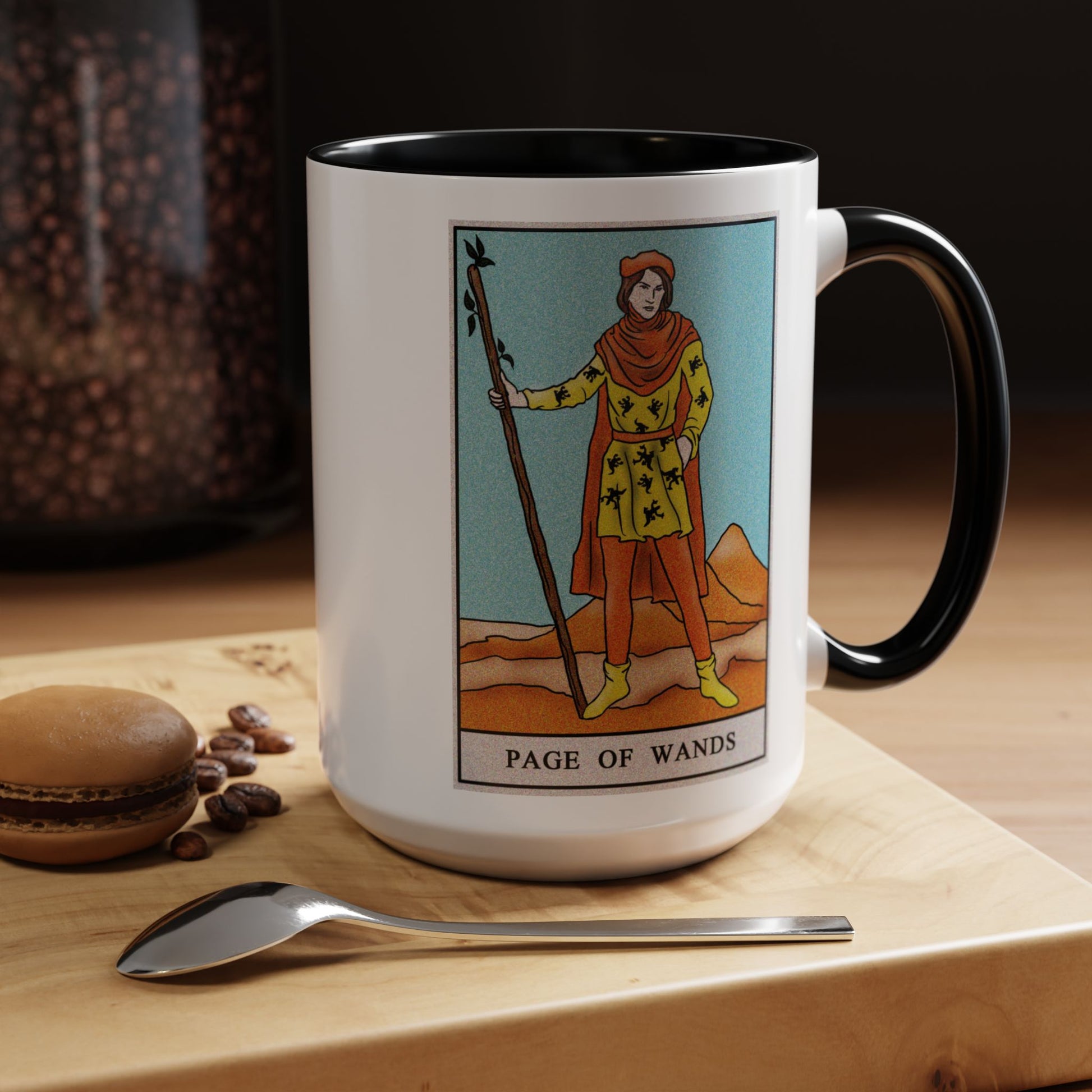 Page of Wands Tarot Card Coffee Mug - Double Sided Black Accent White Ceramic 15oz by TheGlassyLass.com
