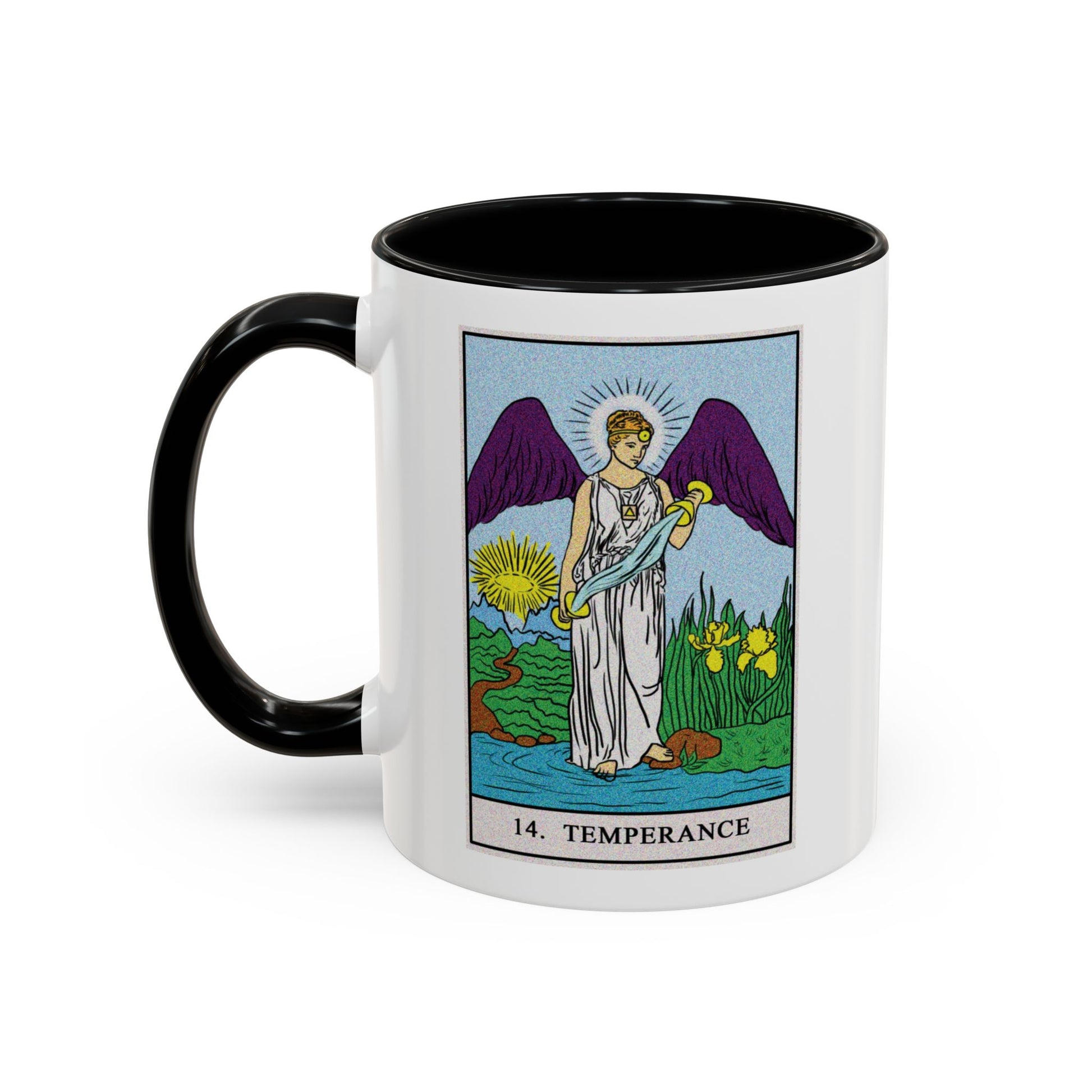 Temperance Tarot Card Coffee Mug - Double Sided Print, Black Accent White Ceramic, 11oz by TheGlassyLass.com