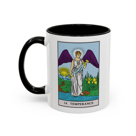 Temperance Tarot Card Coffee Mug - Double Sided Print, Black Accent White Ceramic, 11oz by TheGlassyLass.com
