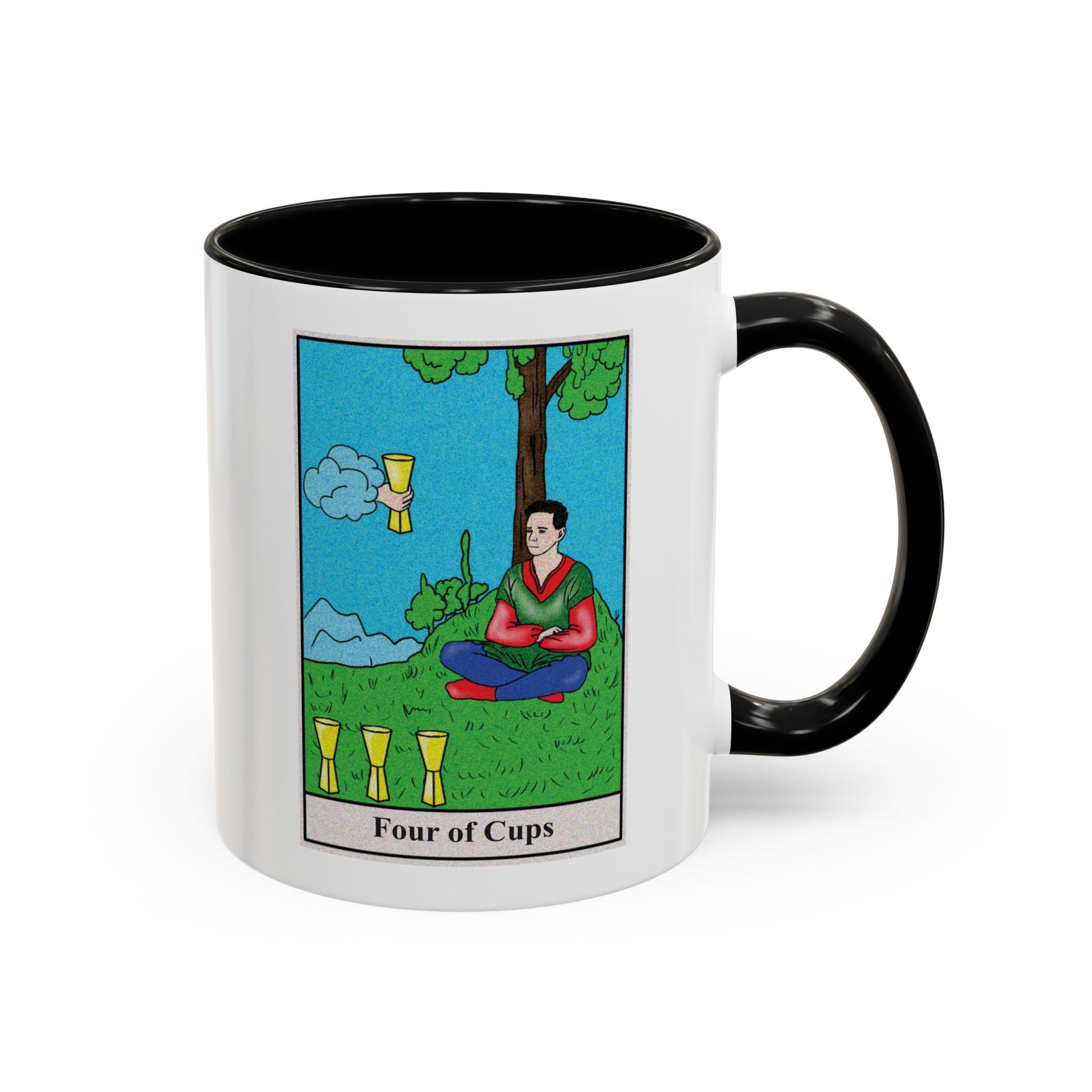 Four of Cups Tarot Card Coffee Mug - Double Sided Print, Black Accent White Ceramic, 11oz by TheGlassyLass.com