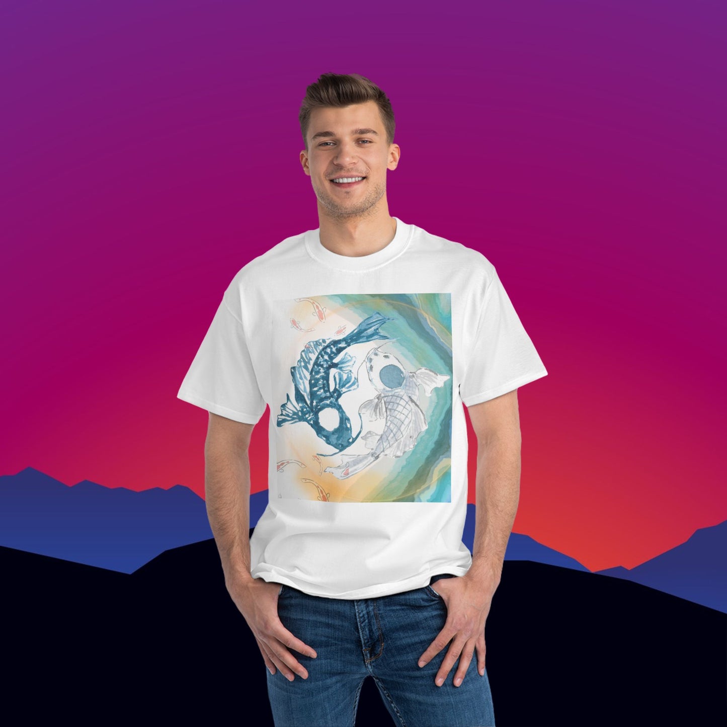 Playing Koi T-Shirt: (Hanes Beefy-T 100% Preshrunk Cotton Custom Printed by TheGlassyLass.com