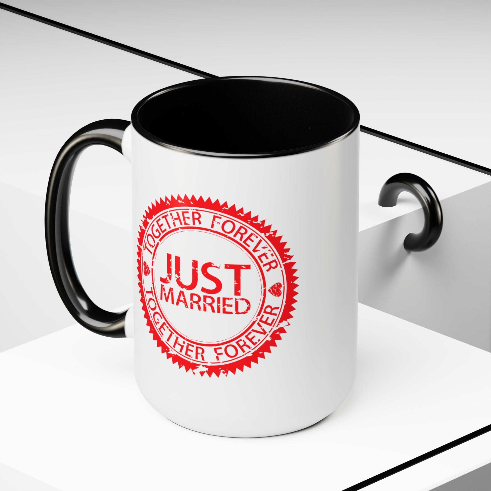 Just Married Coffee Mugs - Double Sided Black Accent White Ceramic 15oz by TheGlassyLass.com
