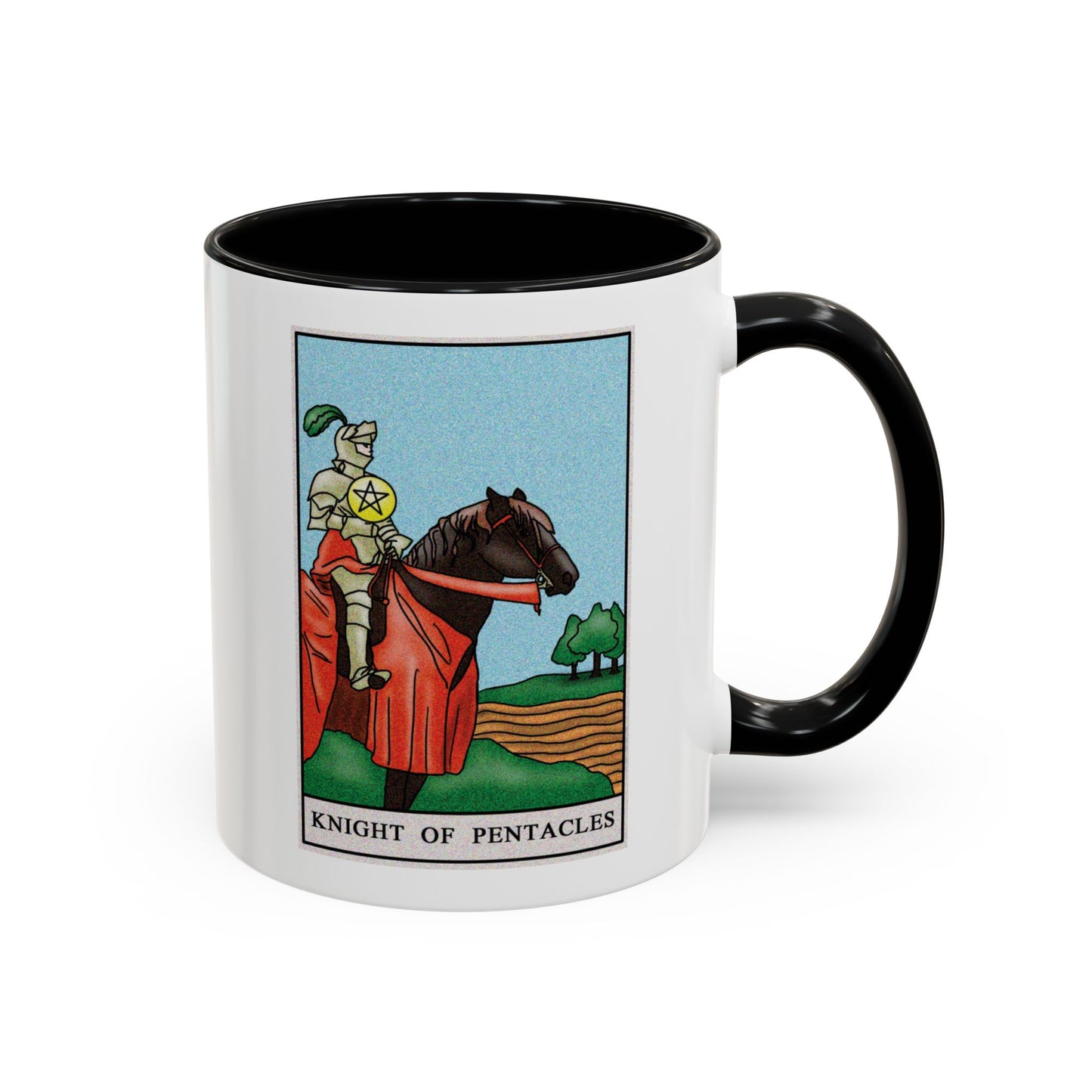 Knight of Pentacles Tarot Card Coffee Mug - Double Sided Print, Black Accent White Ceramic, 11oz by TheGlassyLass.com