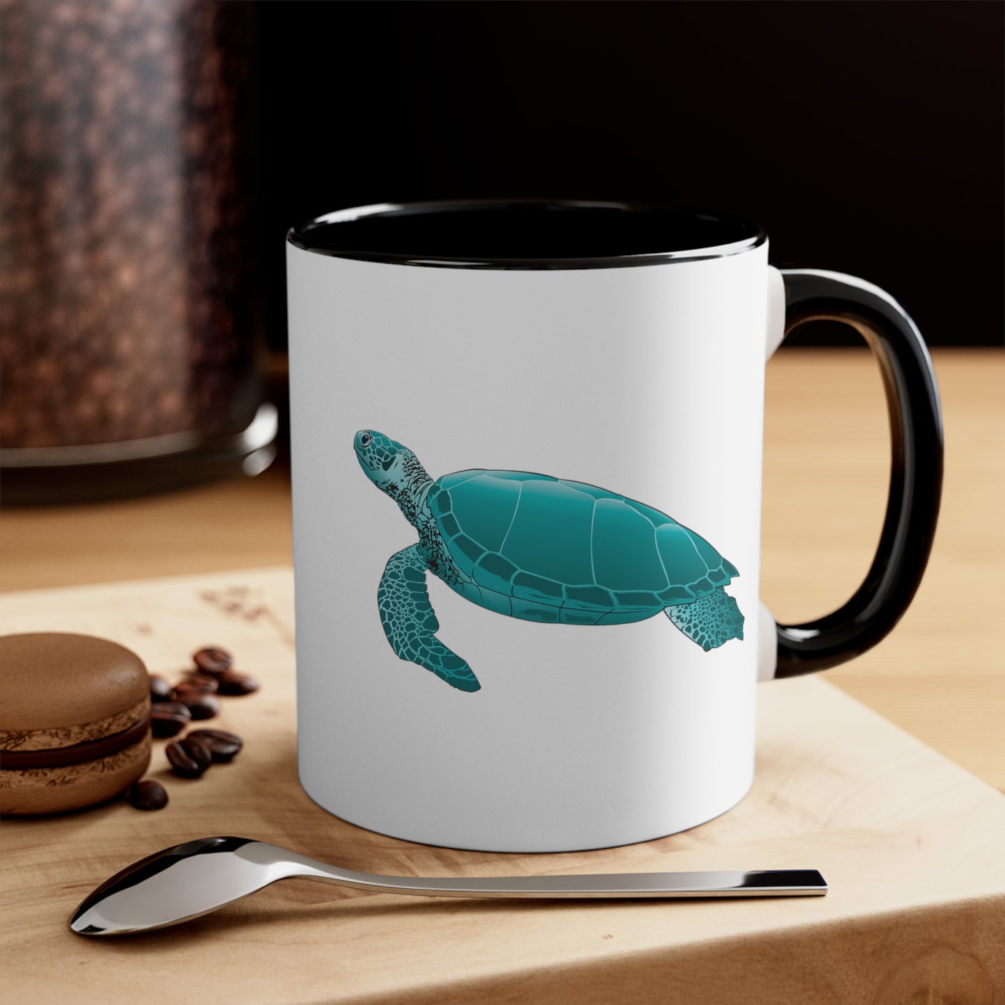 Sea Turtle Coffee Mug - Double Sided Black Accent White Ceramic 11oz by TheGlassyLass