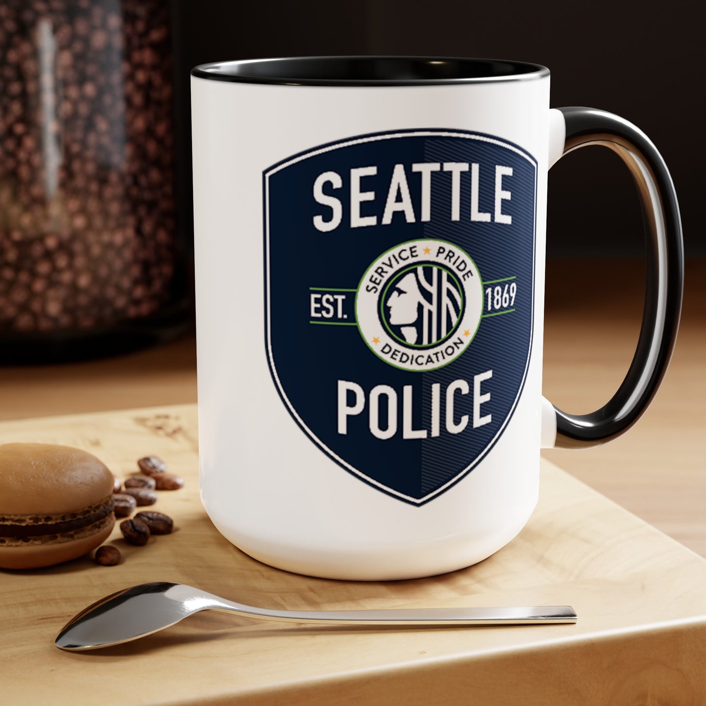 Seattle Police Coffee Mug - Double Sided Black Accent White Ceramic 15oz by TheGlassyLass.com