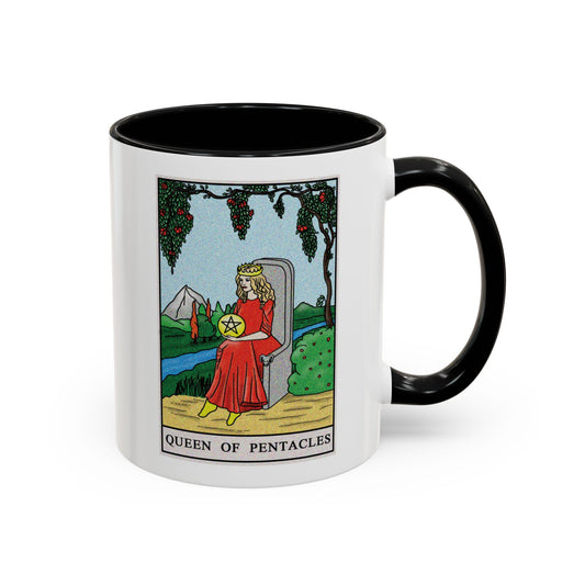 Queen of Pentacles Tarot Card Coffee Mug - Double Sided Print, Black Accent White Ceramic, 11oz by TheGlassyLass.com