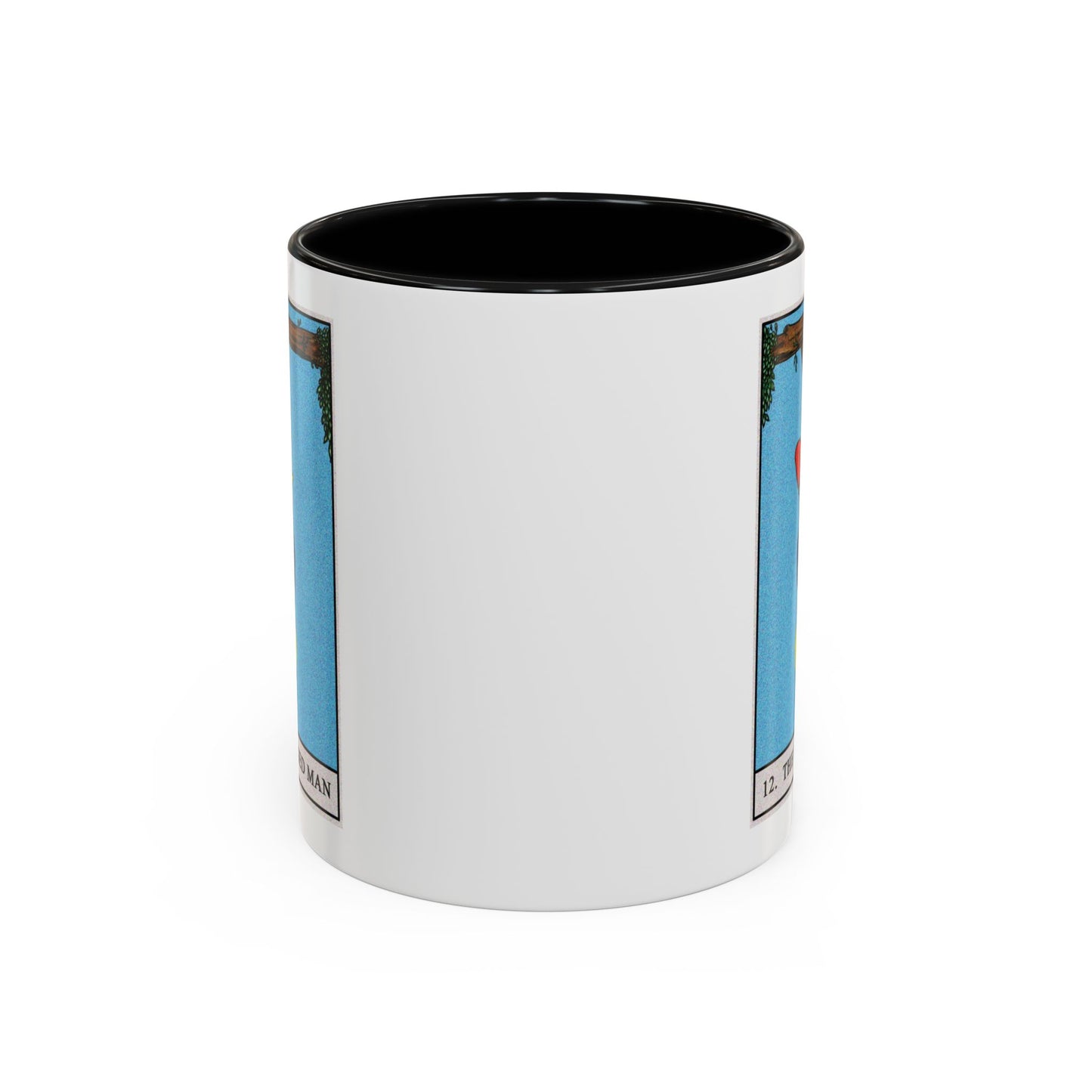 The Hanged Man Tarot Card Coffee Mug - Double Sided Print, Black Accent White Ceramic, 11oz by TheGlassyLass.com