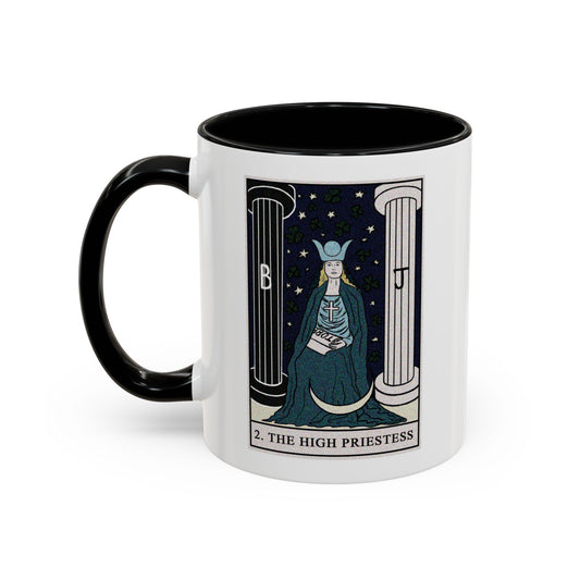 The High Priestess Tarot Card Coffee Mug - Double Sided Print, Black Accent White Ceramic, 11oz by TheGlassyLass.com